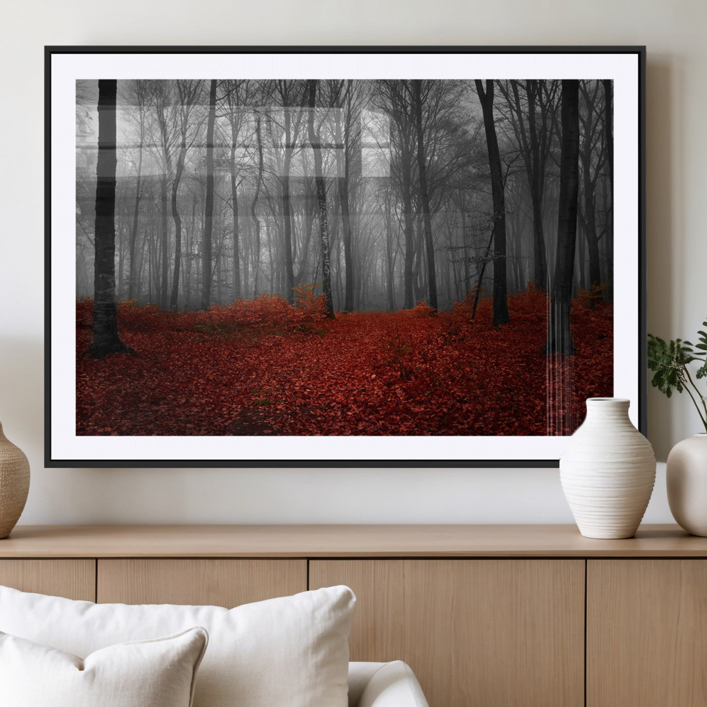 MGC-FP-36x24 - Red Forest Floor Canvas Wall Art – Mystical Foggy Woodland Triptych – Nature-Inspired Decor for