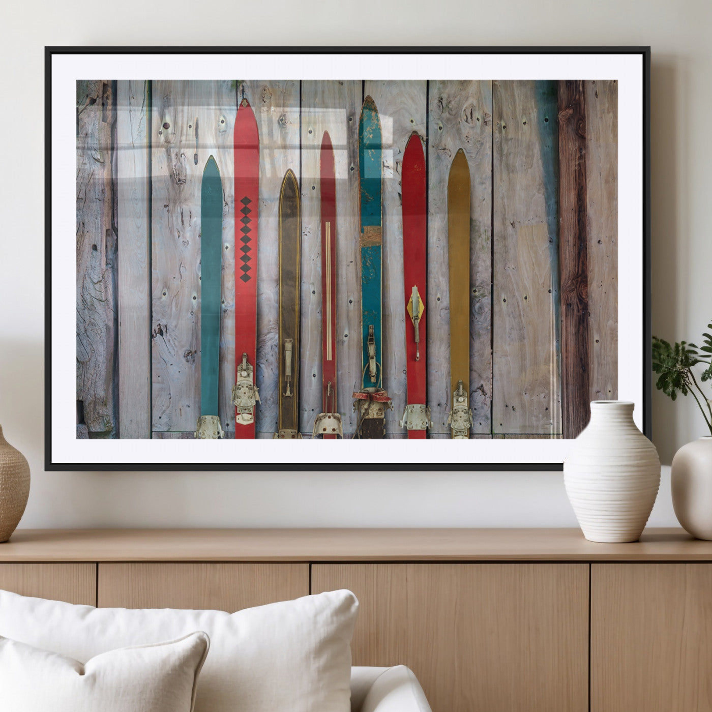 MGC-FP-36x24 - Vintage Wooden Weathered Ski's in Front of an Old Barn Wall Art Canvas Print for Farmhouse, Cabin