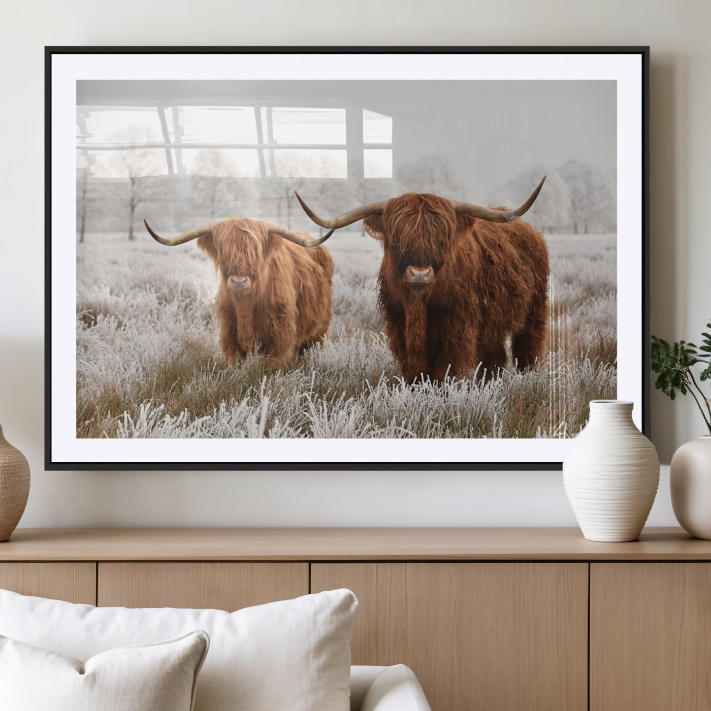 MGC-FP-36x24 - Longhorn Cattle Wall Art Canvas Print, Framed Farmhouse Style Art Picture Print, Rustic Cow Perfect Rustic Farmhouse Decor Artwork