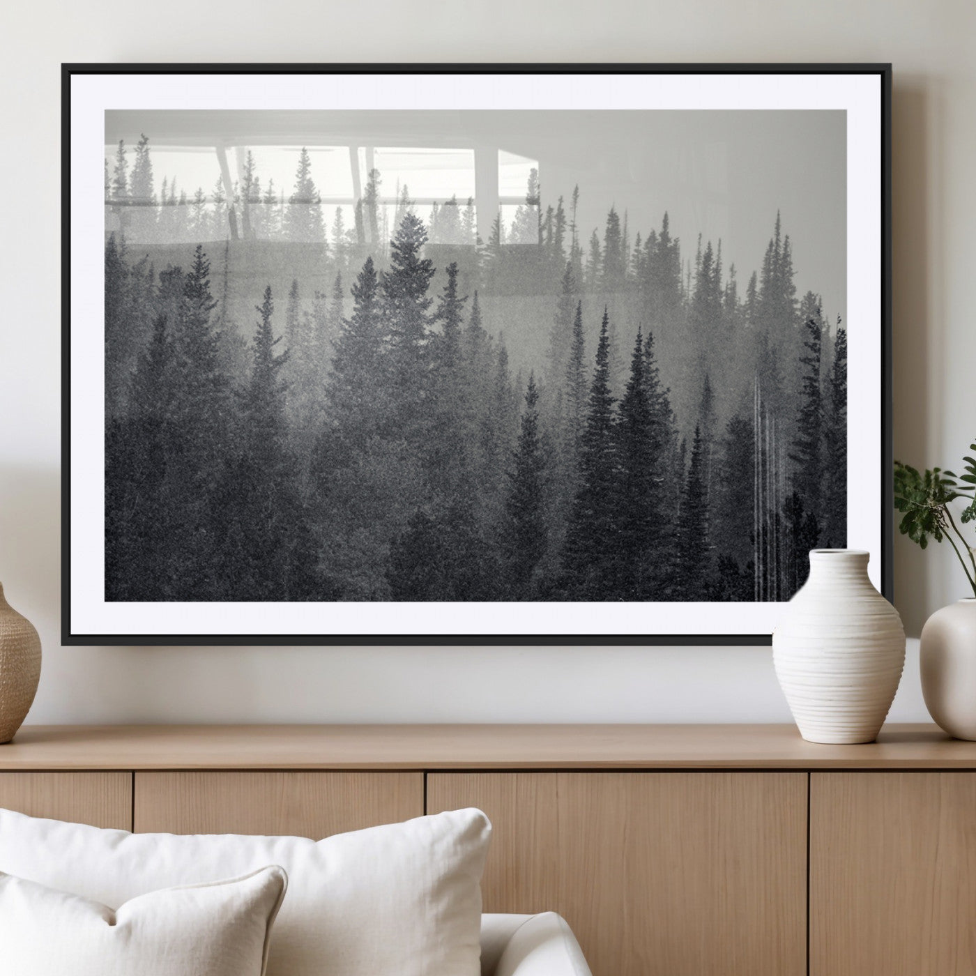 MGC-FP-36x24 - Misty Forest Canvas Wall Art – Monochrome Triptych Pine Tree Print – Nature-Inspired Home Decor –