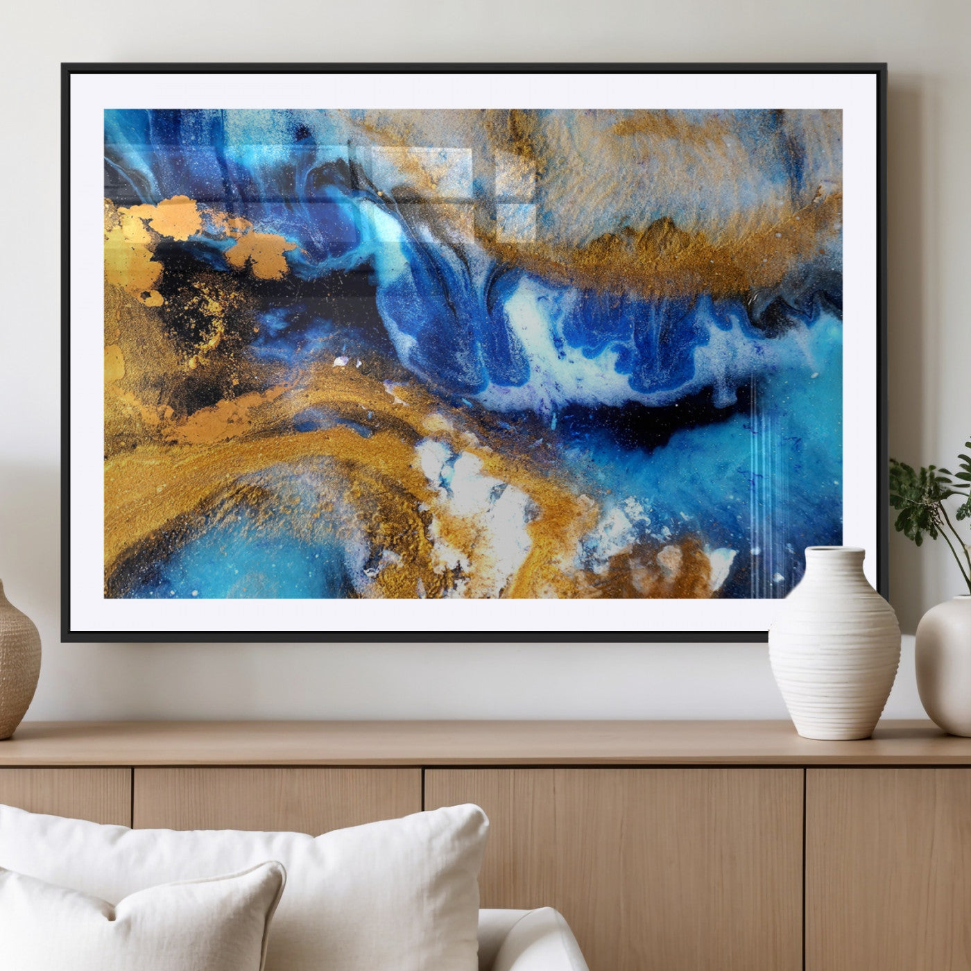 MGC-FP-36x24 - Blue Orange Marble Fluid Effect Canvas Wall Art Print