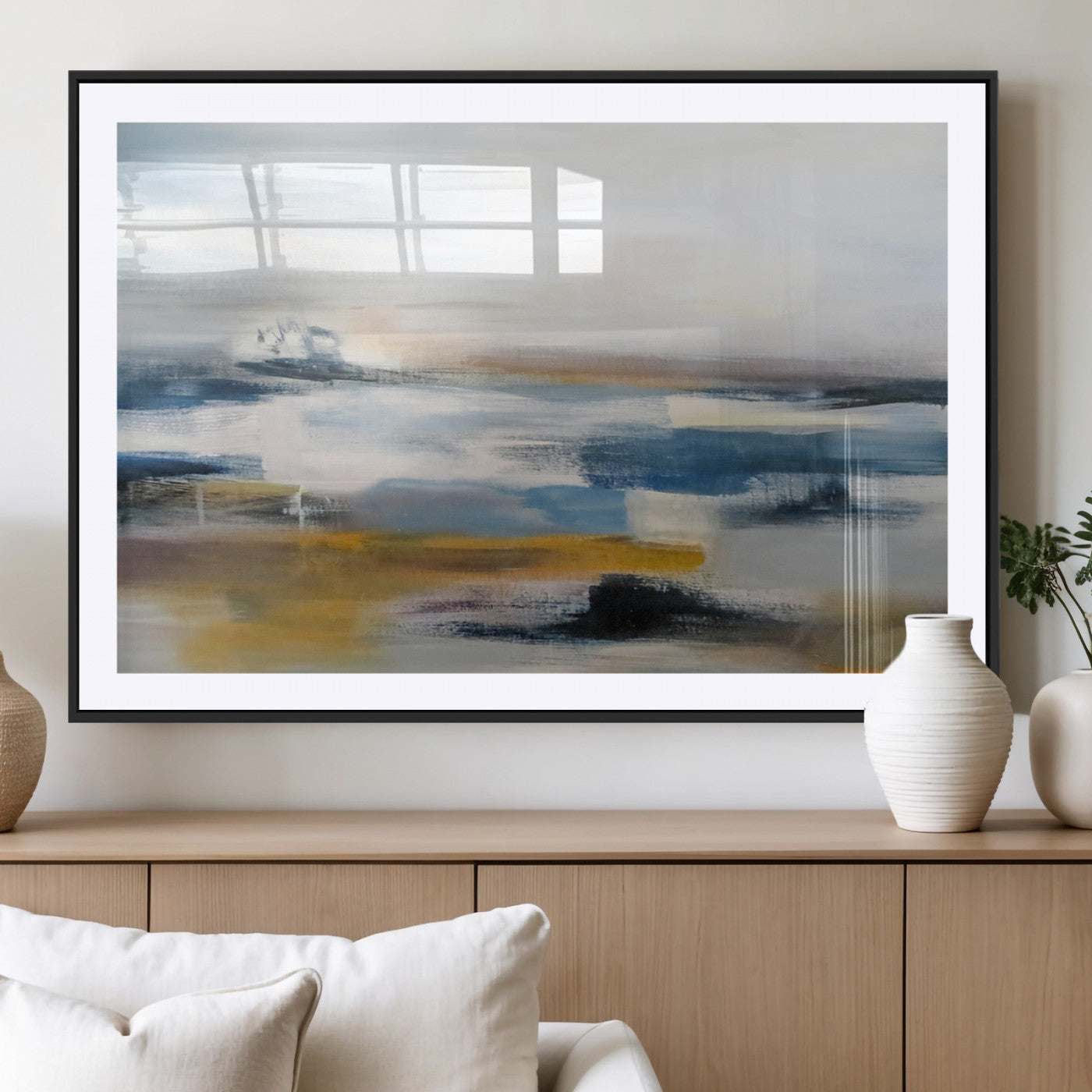 MGC-FP-36x24 - Abstract Landscape Wall Art Canvas | 3 Panel Modern Blue, Gold, and White Canvas Art for Living
