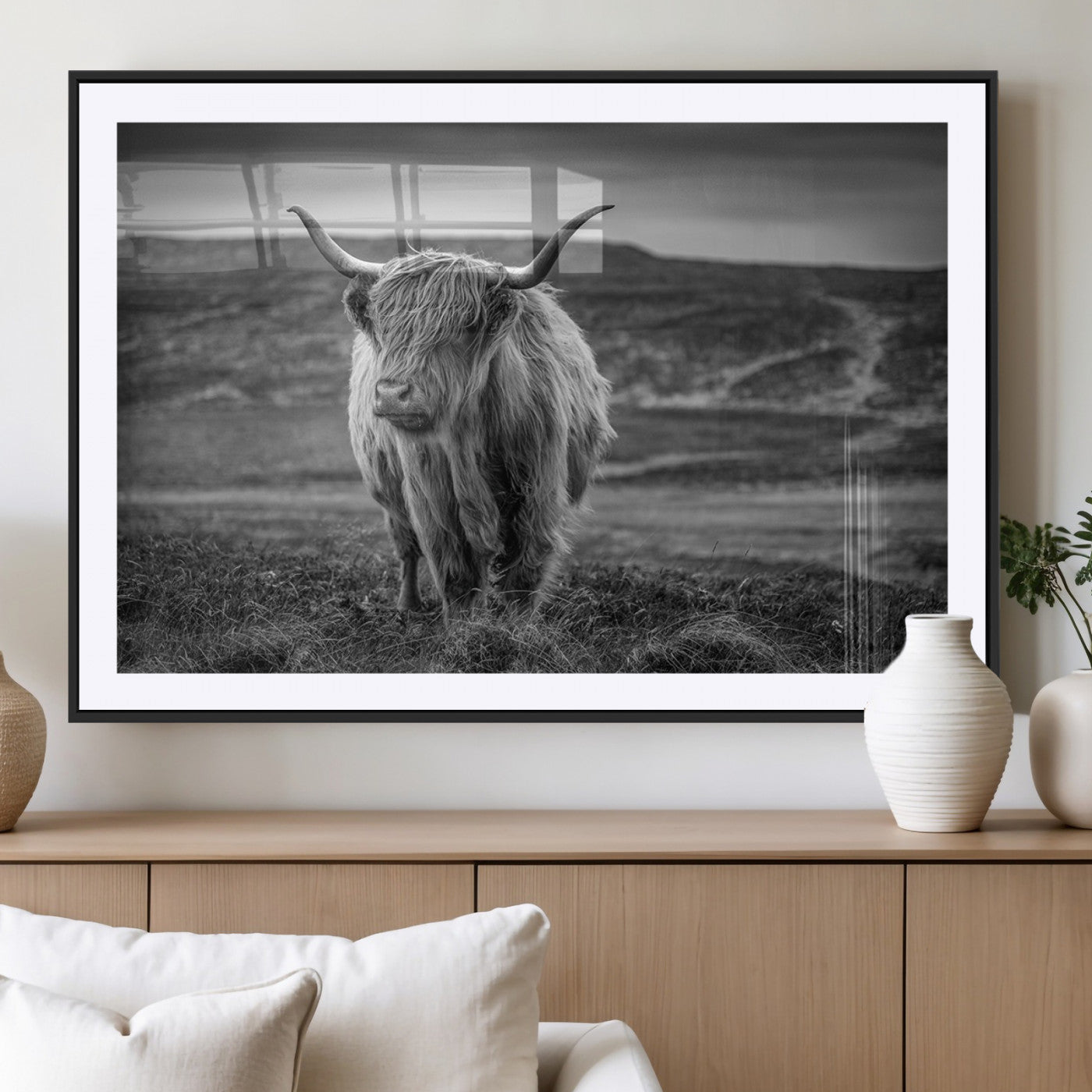 MGC-FP-36x24 - Fluffy Cattle Wall Art Print, Highland Cow Canvas, Framed Black and white Wall Art