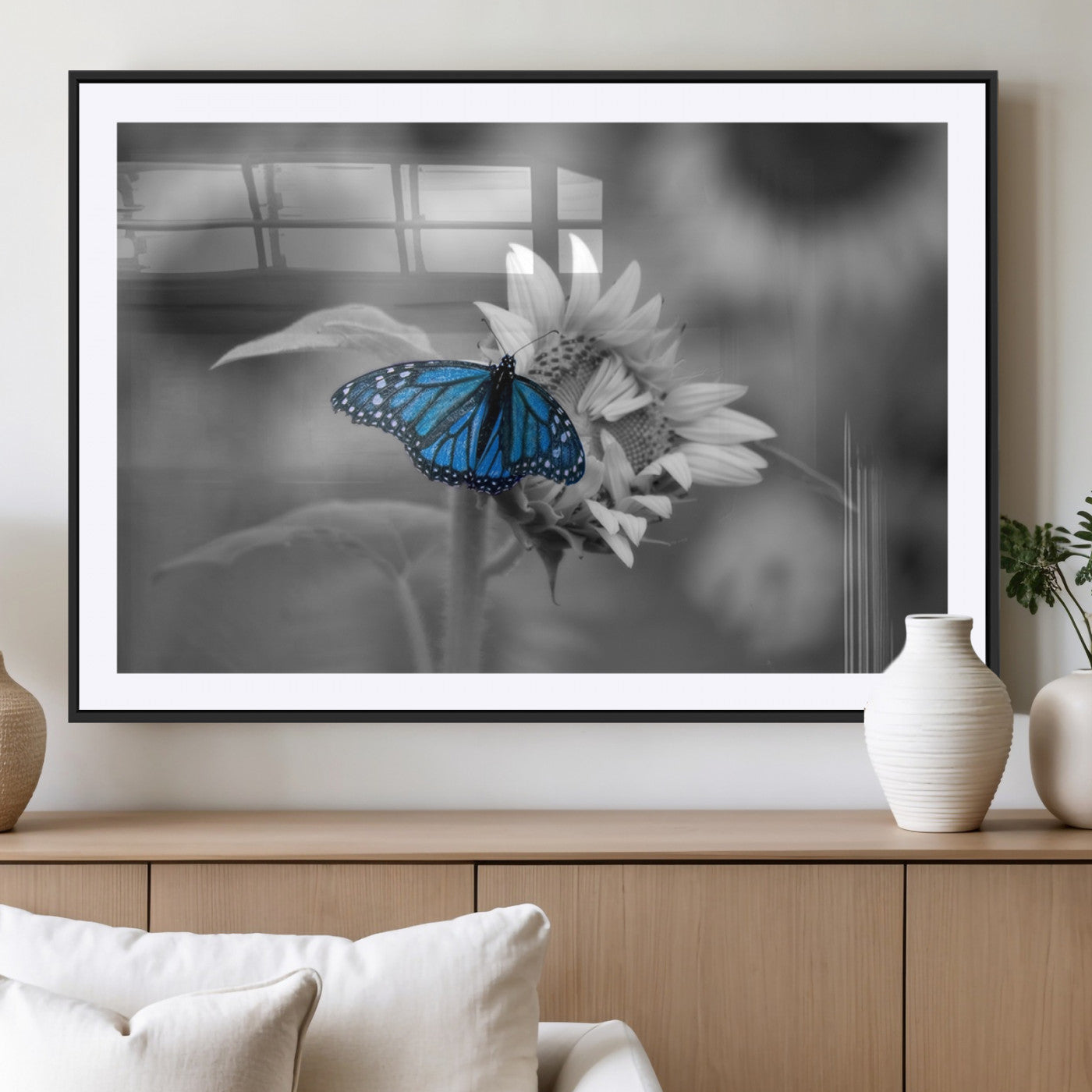 MGC-FP-36x24 - Blue Butterfly Black and White Canvas Wall Art