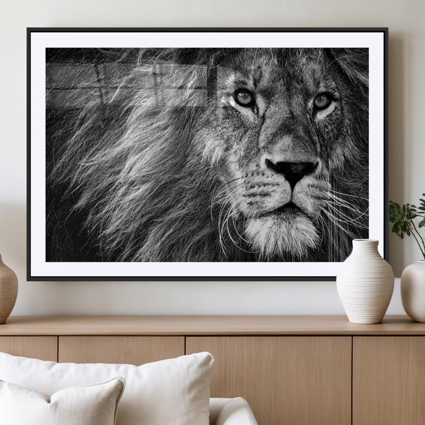 MGC-FP-36x24 - Black and White Lion Canvas Wall Art Print