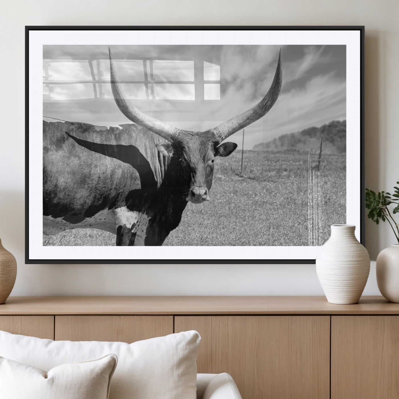 MGC-FP-36x24 - Longhorn Wall Art Canvas Print, Framed Ranch Wall Art Canvas Print
