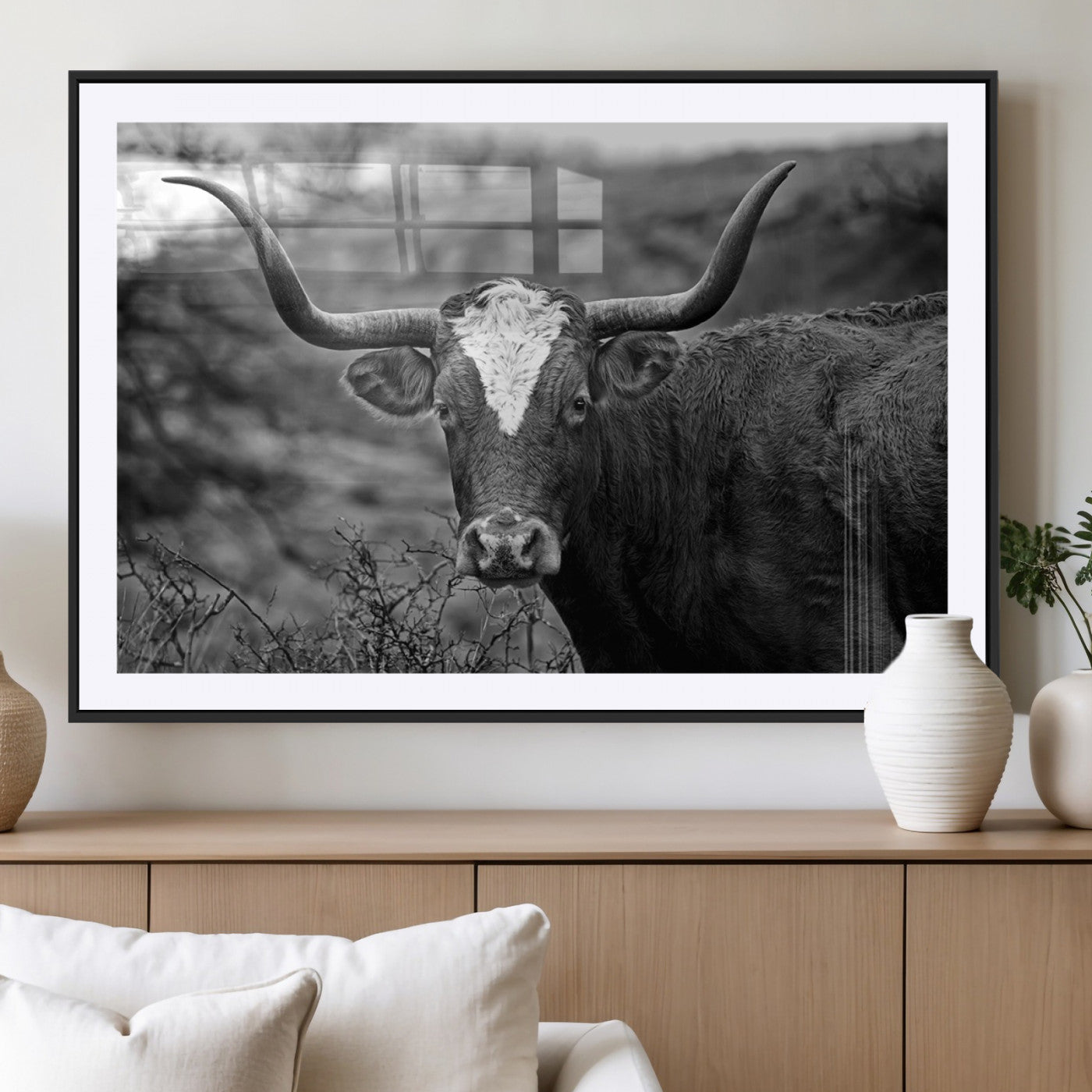 MGC-FP-36x24 - Western Home Wall Art Canvas Print, Framed Texas Longhorn Art Picture Print, Rustic Cow Perfect Rustic Farmhouse Decor Artwork