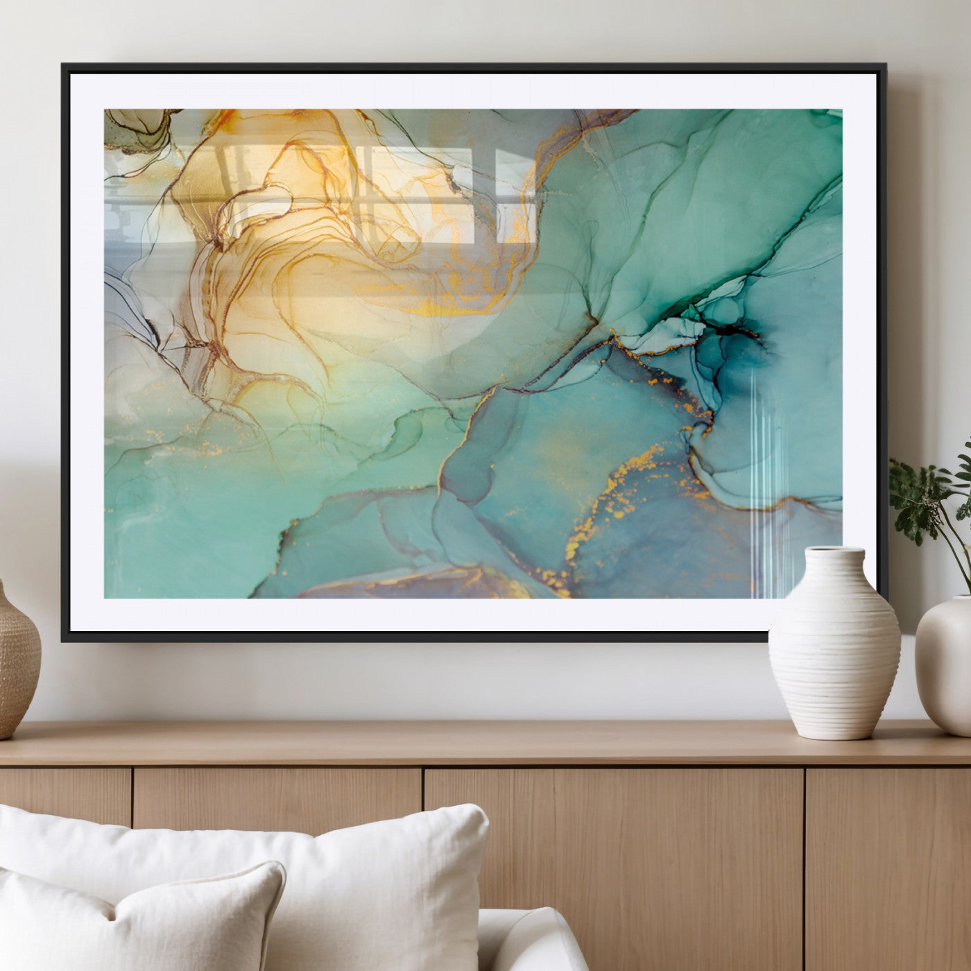 MGC-FP-36x24 - Abstract Aqua and Gold Fluid Wall Art Canvas | 3 Panel Large Canvas Print for Living Room, Office,