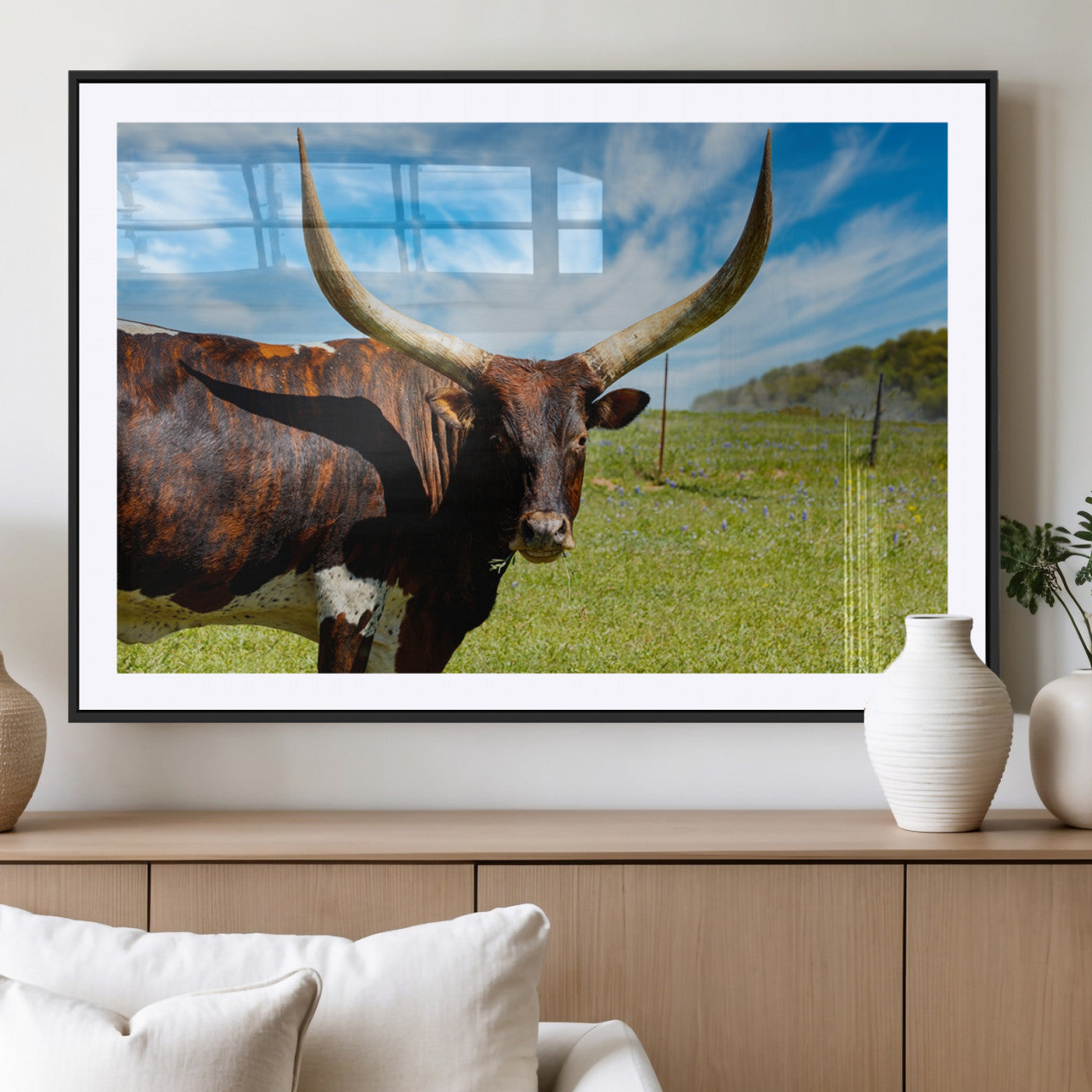 MGC-FP-36x24 - Longhorn and Cow Wall Art, Country Cow Wall Decor Canvas Print