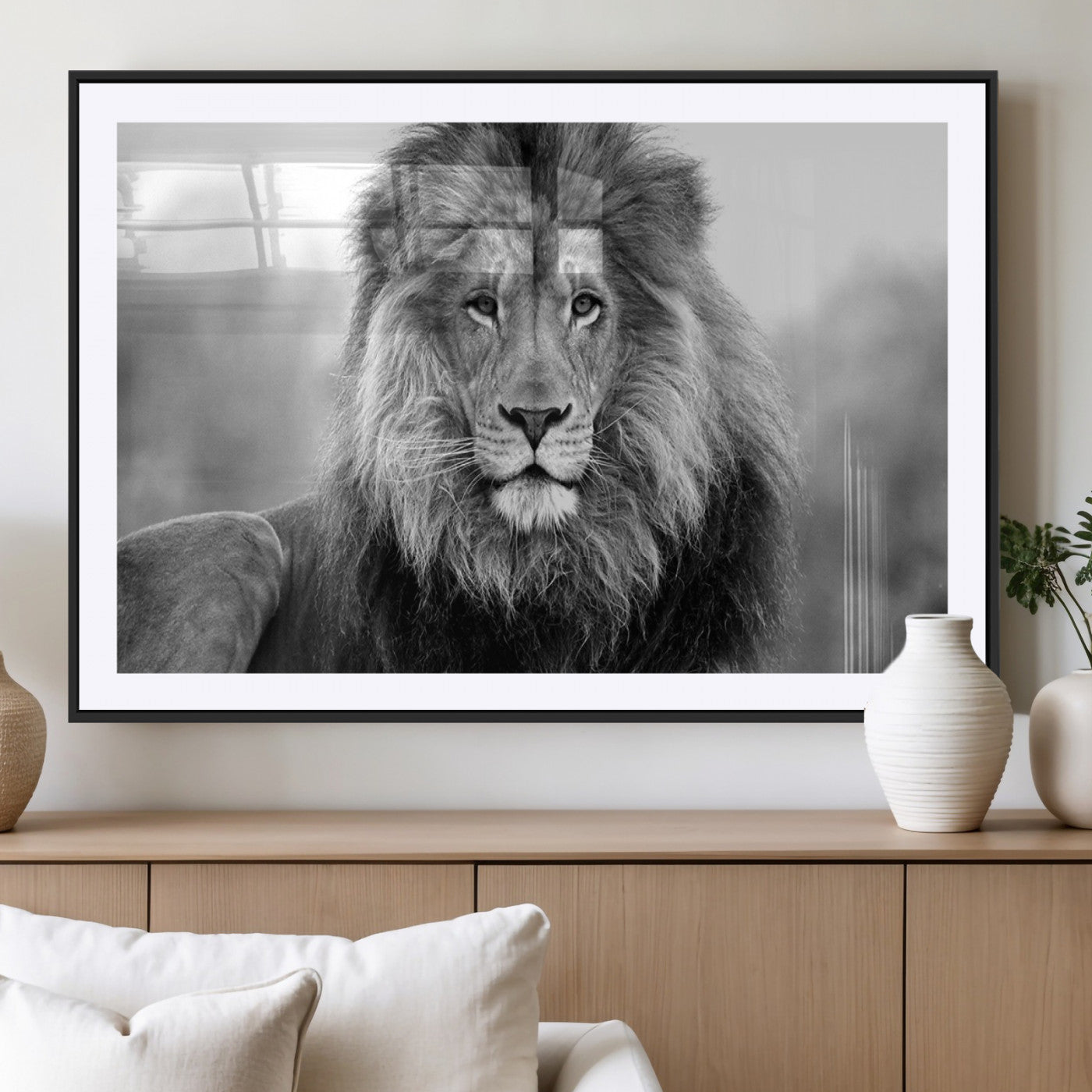 MGC-FP-36x24 - Black and White Lion Canvas Wall Art Animal Print