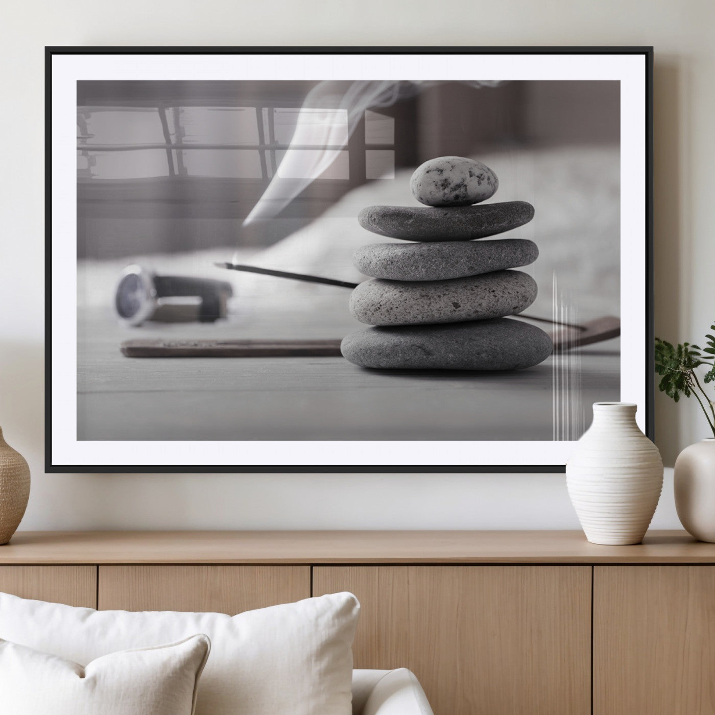 MGC-FP-36x24 - Burning Incense and Zen Stones Buddhism Wall Art, Zen Stones Wall Art Canvas Print