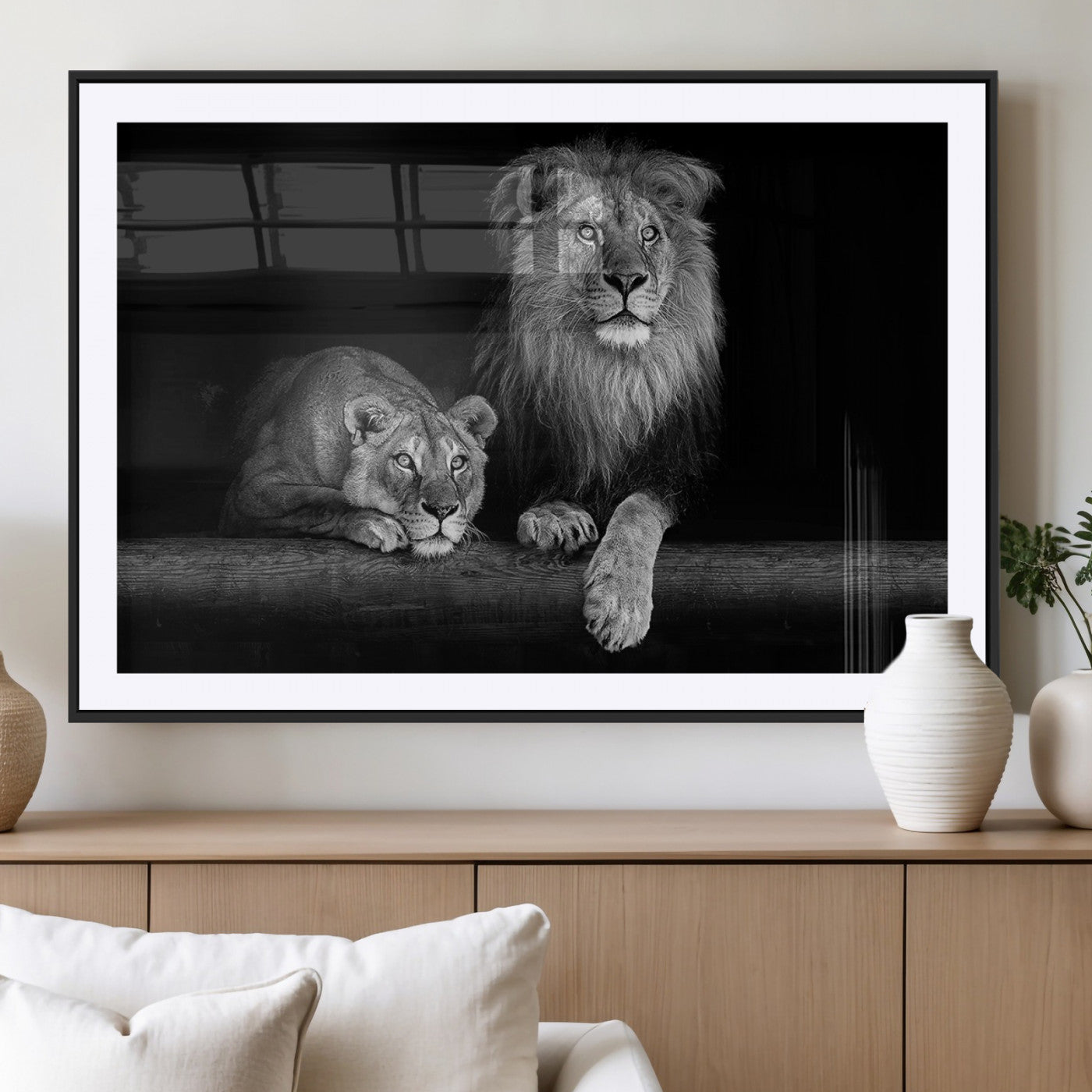 MGC-FP-36x24 - Large Black and White Lion Couple Wall Art Canvas Print