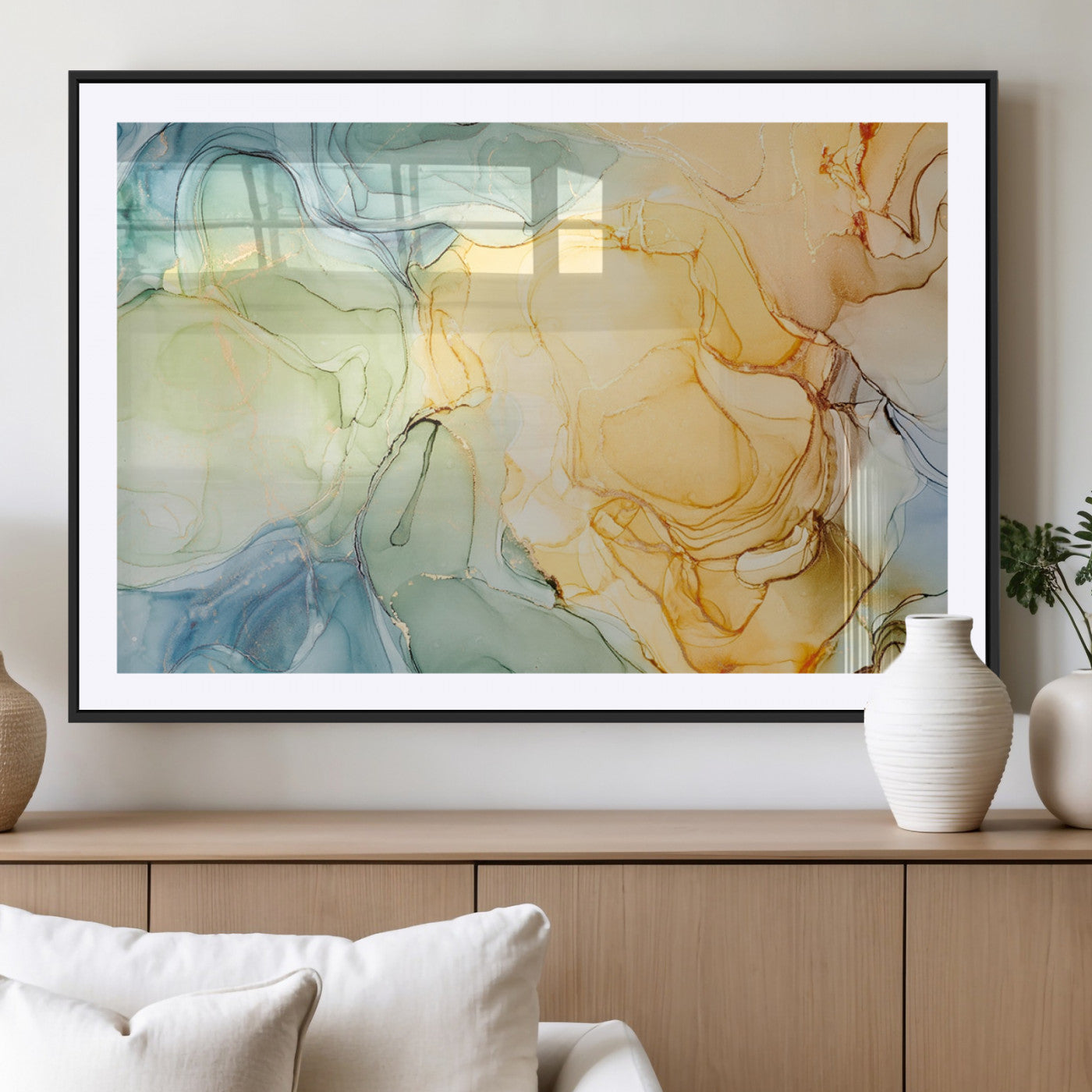 -Green and Yellow Marble Fluid Effect Wall Art, Green and Yellow Marble Canvas Wall Art Print