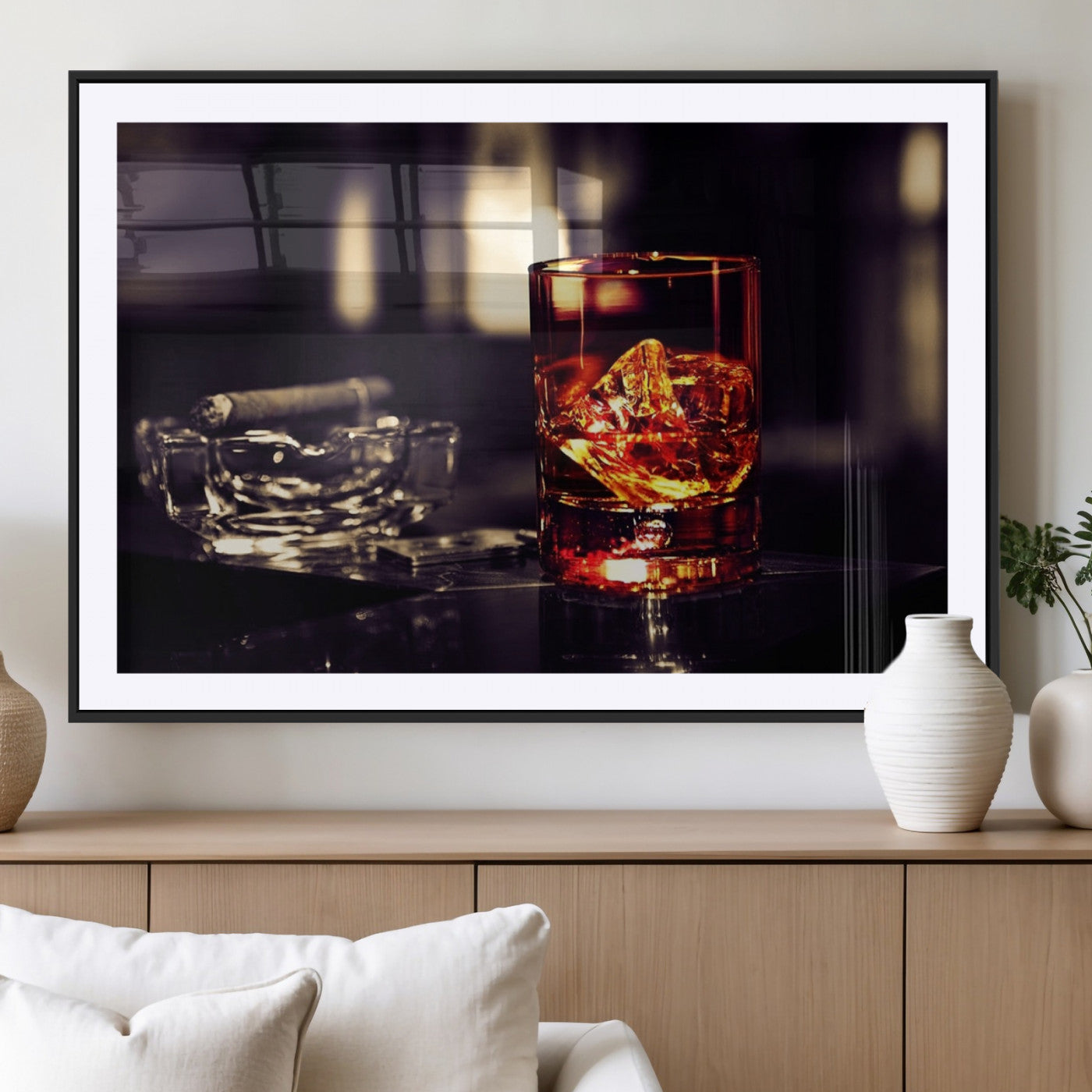 MGC-FP-36x24 - Whiskey and Cigar Canvas – Luxurious Wall Art for Home or Bar – Glass and Cigar Scene Print Canvas