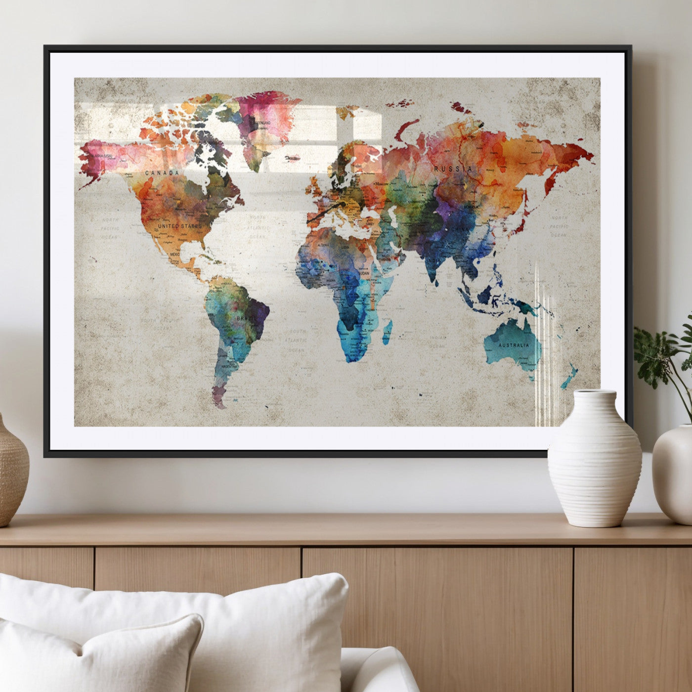 MGC-FP-36x24 - Push Pin World Map Canvas Print – Framed Wall Art for Couples to Track Their Travels – Anniversary