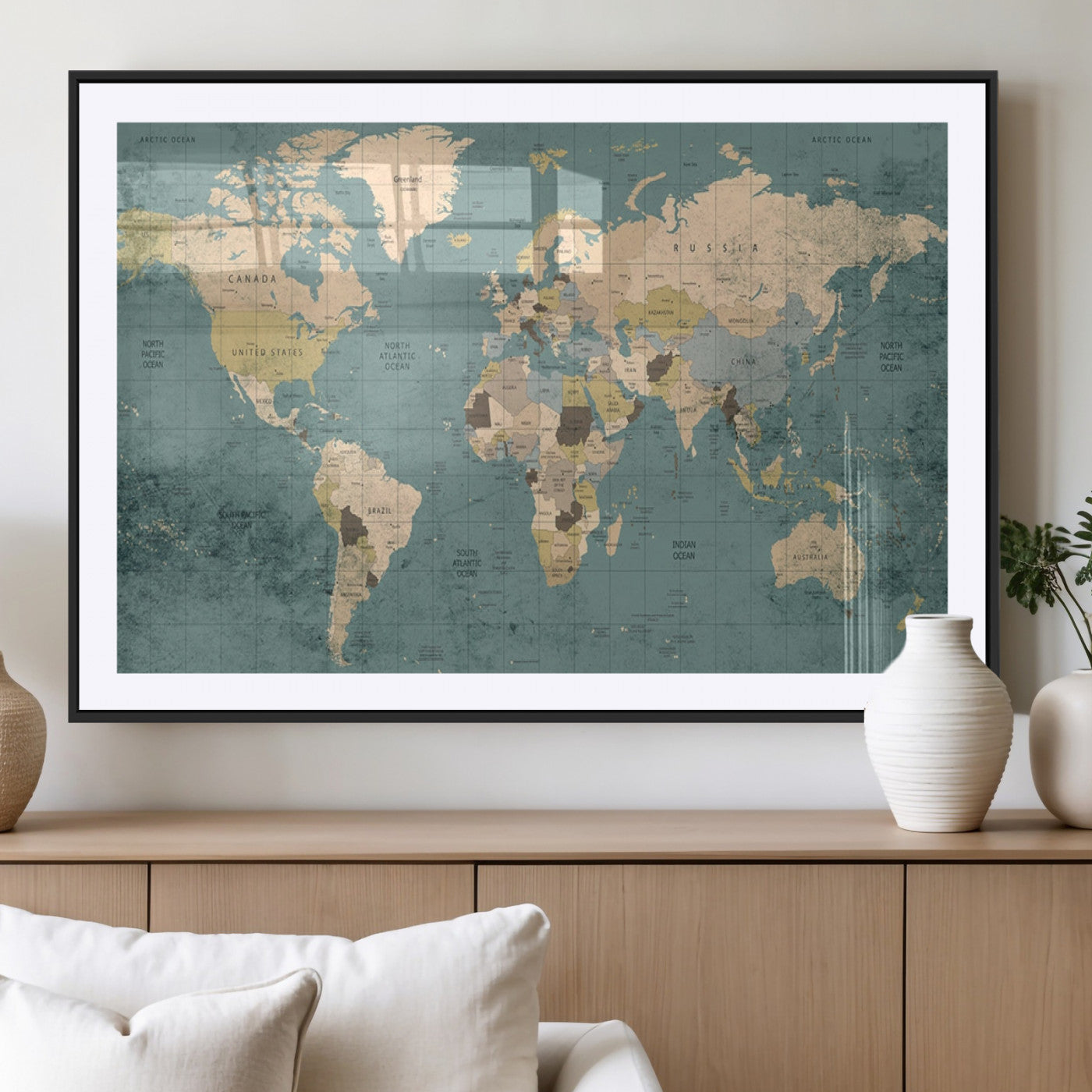 MGC-FP-36x24 - Classic World Map Wall Art Canvas Print, Framed Retro Map Art Picture Print, Vintage Atlas Perfect Rustic Explorer Decor Artwork