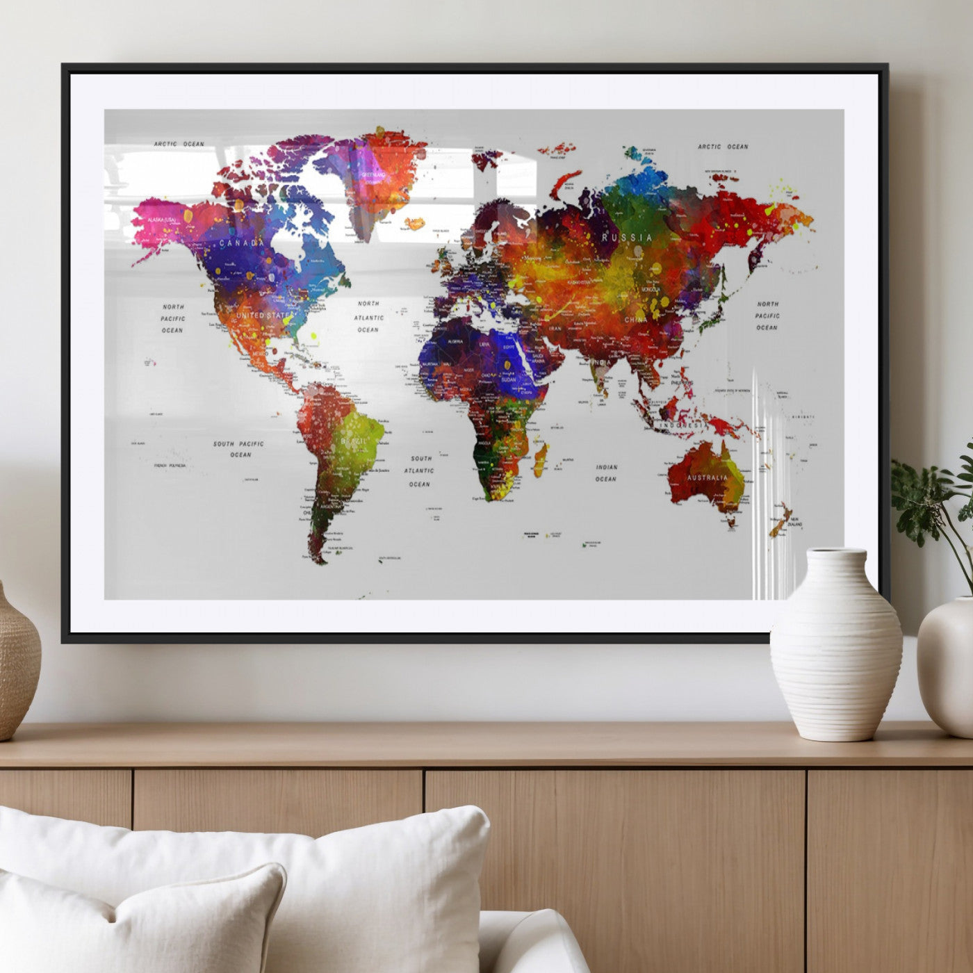 MGC-FP-36x24 - Push Pin World Map Canvas Print – Framed Wall Art for Couples to Track Their Travels – Anniversary