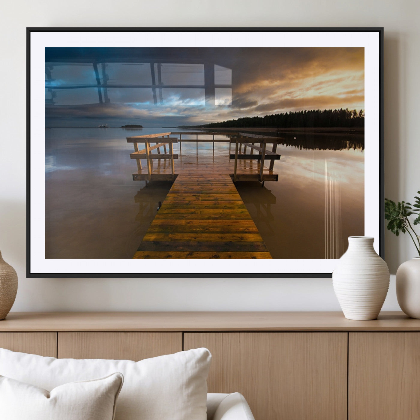 MGC-FP-36x24 - Serene Lake Pier at Sunset Canvas Print | Landscape Canvas Print | Ready to Hang and Framed Wall Art
