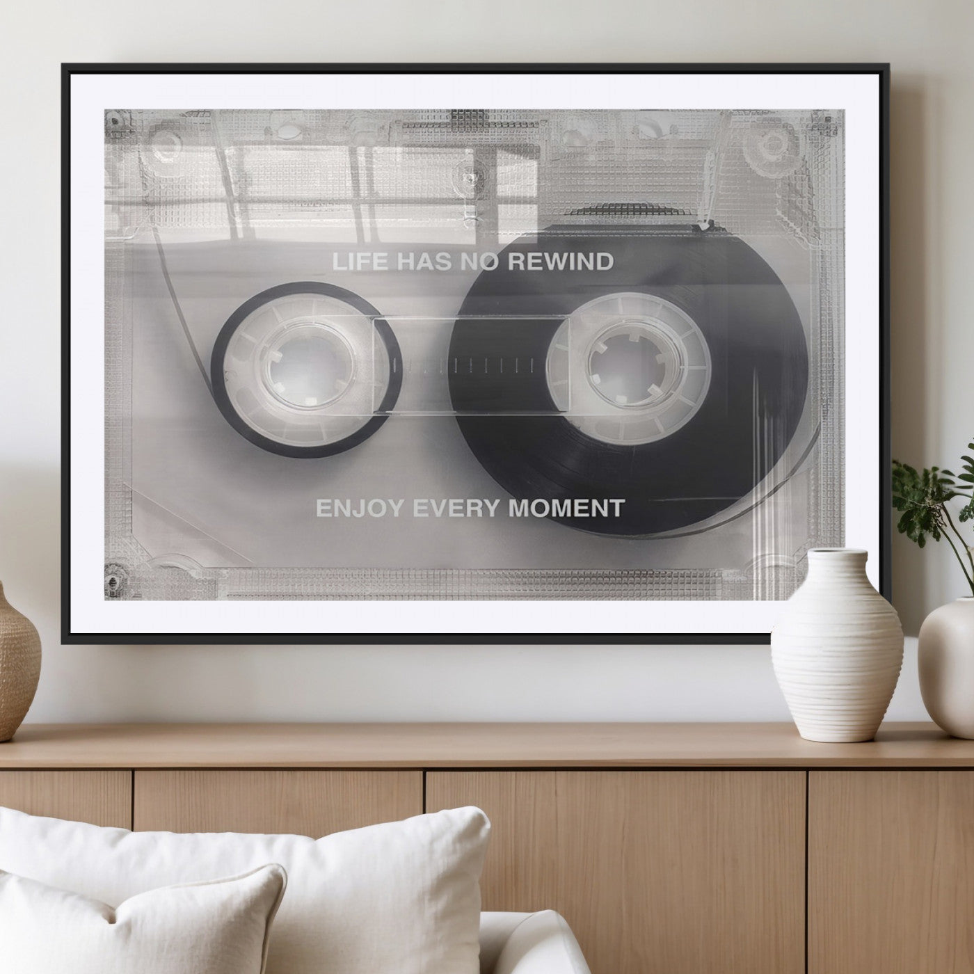 MGC-FP-36x24 - Vintage Cassette Tape Canvas Wall Art - Inspirational 'Life Has No Rewind' Quote, Retro Music Decor