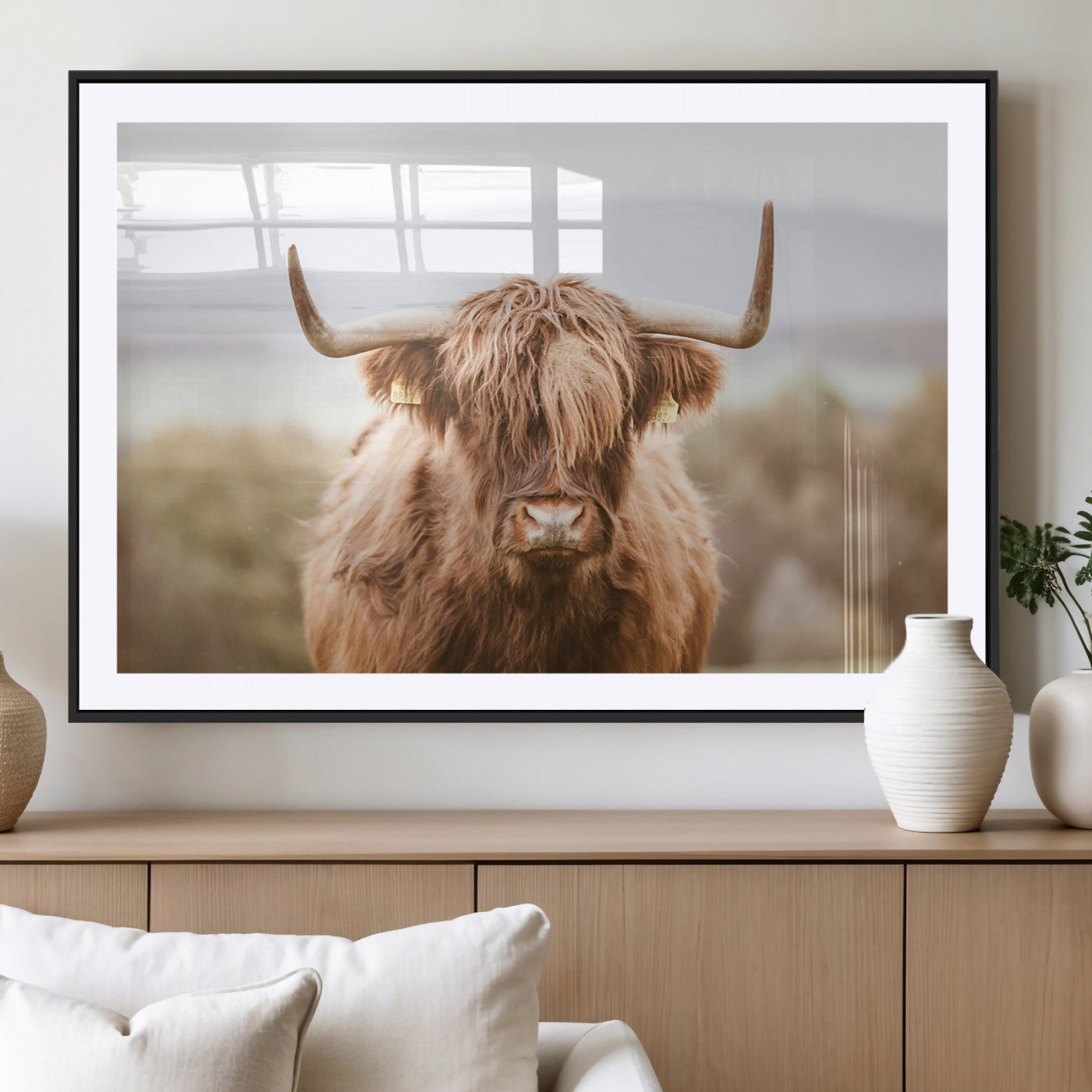 MGC-FP-36x24 - Scottish Serene Highland Cow Canvas Wall Art – Serene Highland Cow in Natural Pastel Tones – Ready