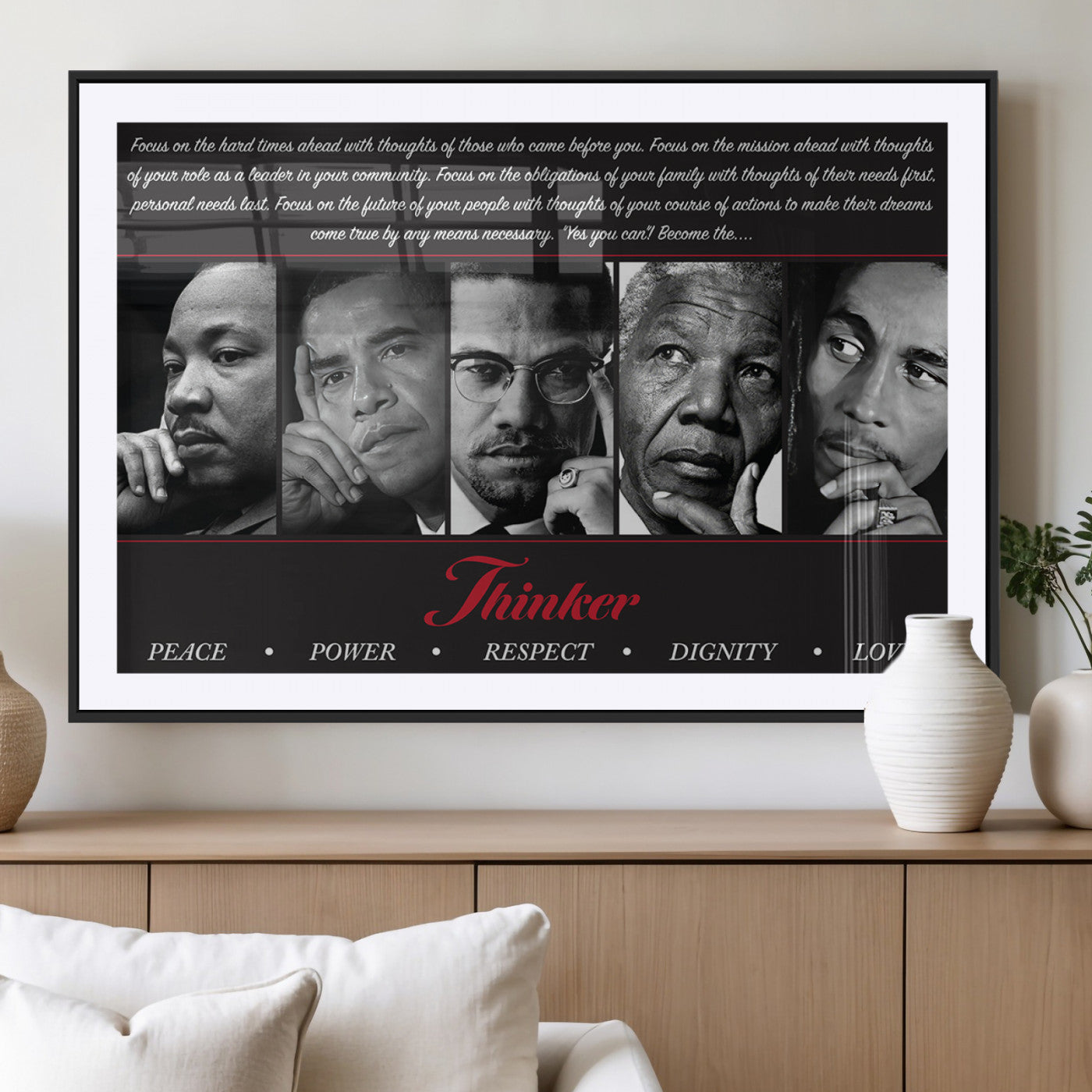 MGC-FP-36x24 - Thinker Quintet Canvas Wall Art – Martin, Obama, Malcolm X, Mandela, Marley Featuring Peace, Power,