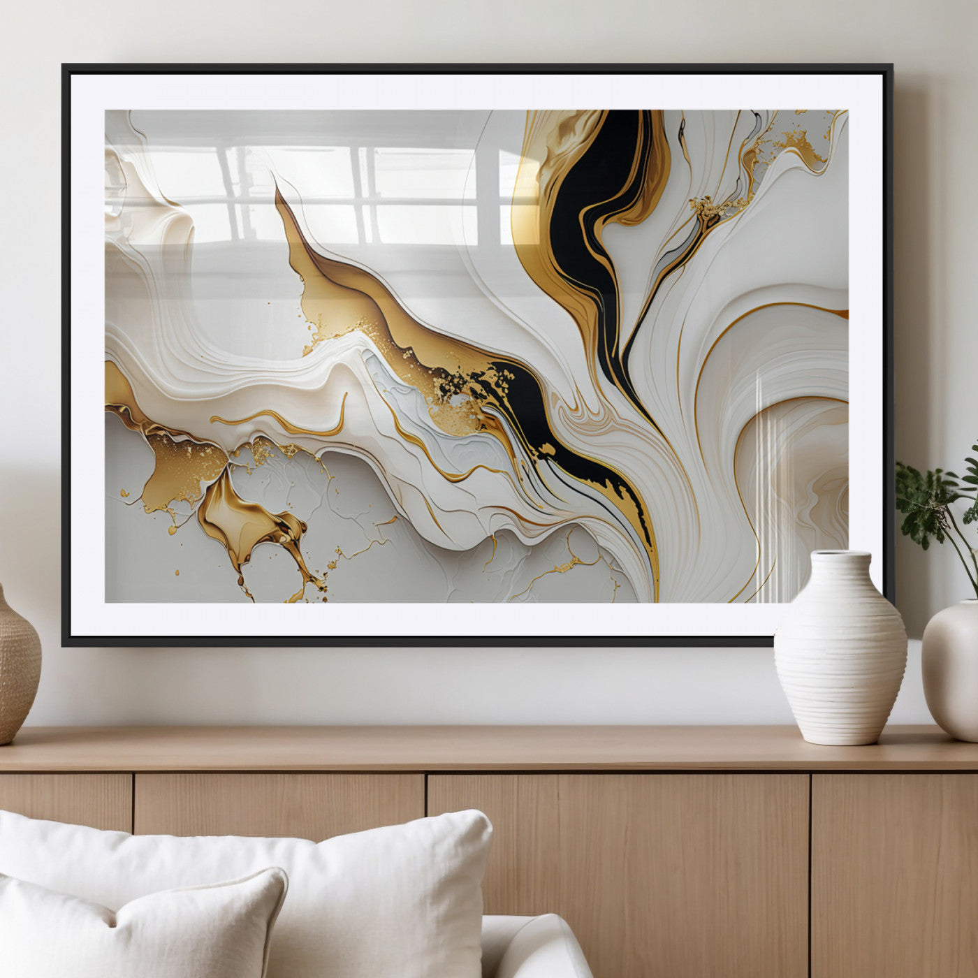 -Gold Waves on Pure White Canvas – Gold Abstract Art for Modern Interiors | Wall Art Canvas, Framed &