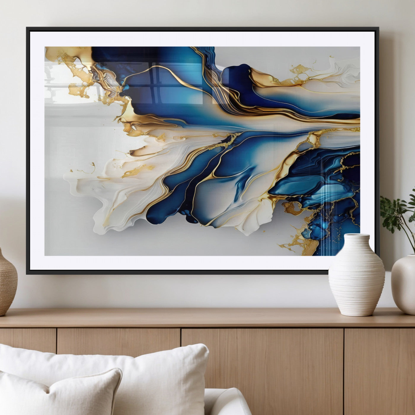 MGC-FP-36x24 - Gold Marble Art - Abstract Geode Gold And Blue Marble Shape 3 Pieces Wall Art Canvas Print