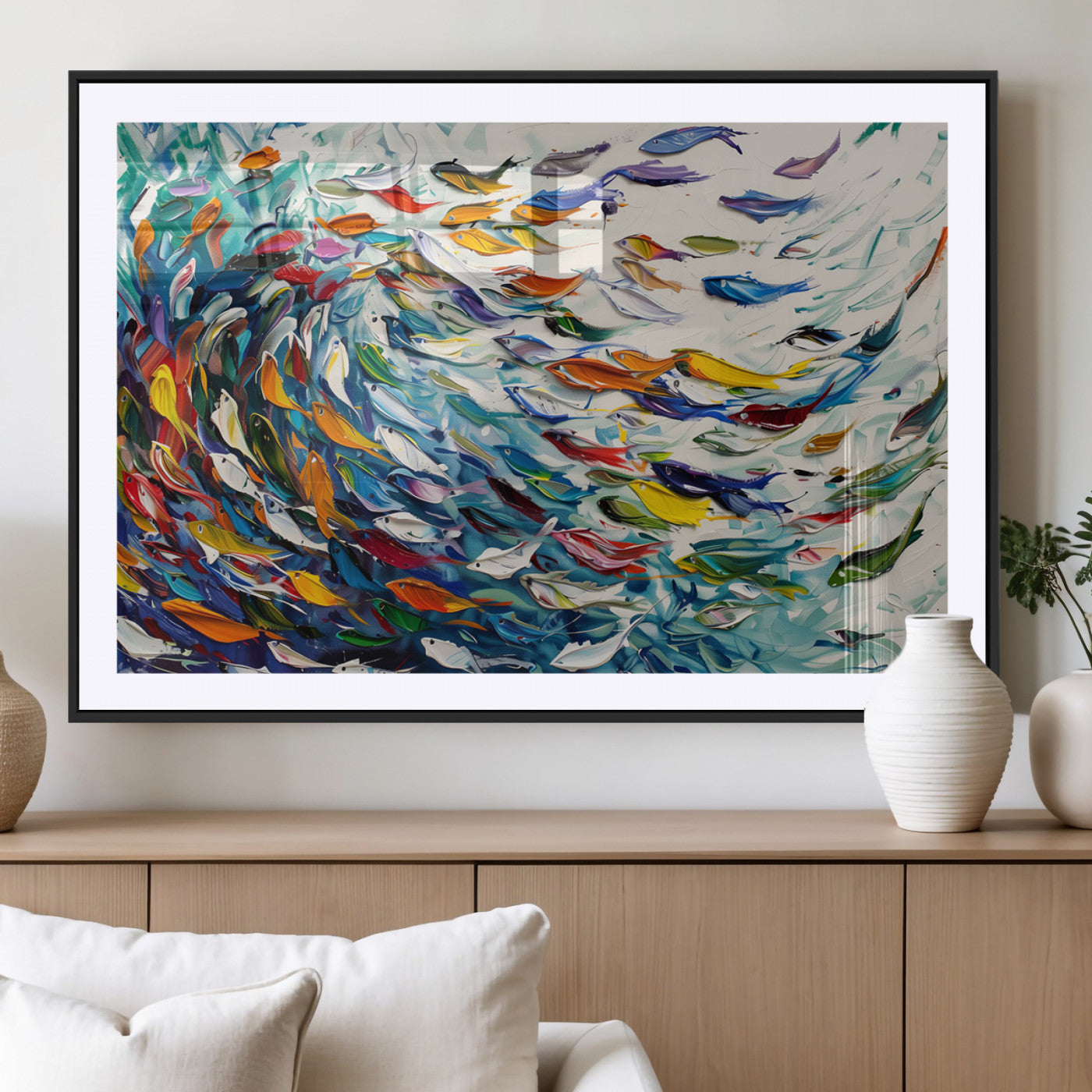 -Modern Abstract Fish Shoal Wall Art Canvas Print, Colorful Fish Herd Painting on Canvas Print, Ocean