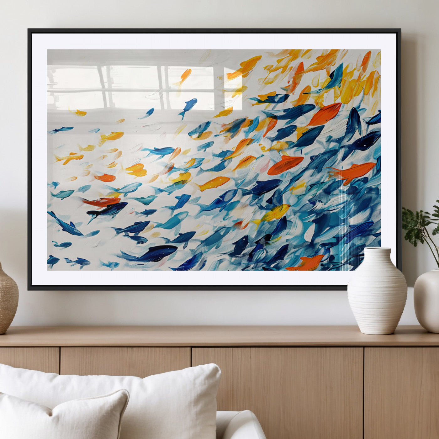 MGC-FP-36x24 - Abstract Fish Shoal Wall Art Canvas Print, Colorful Fish Herd Painting on Canvas Print, Ocean Animal