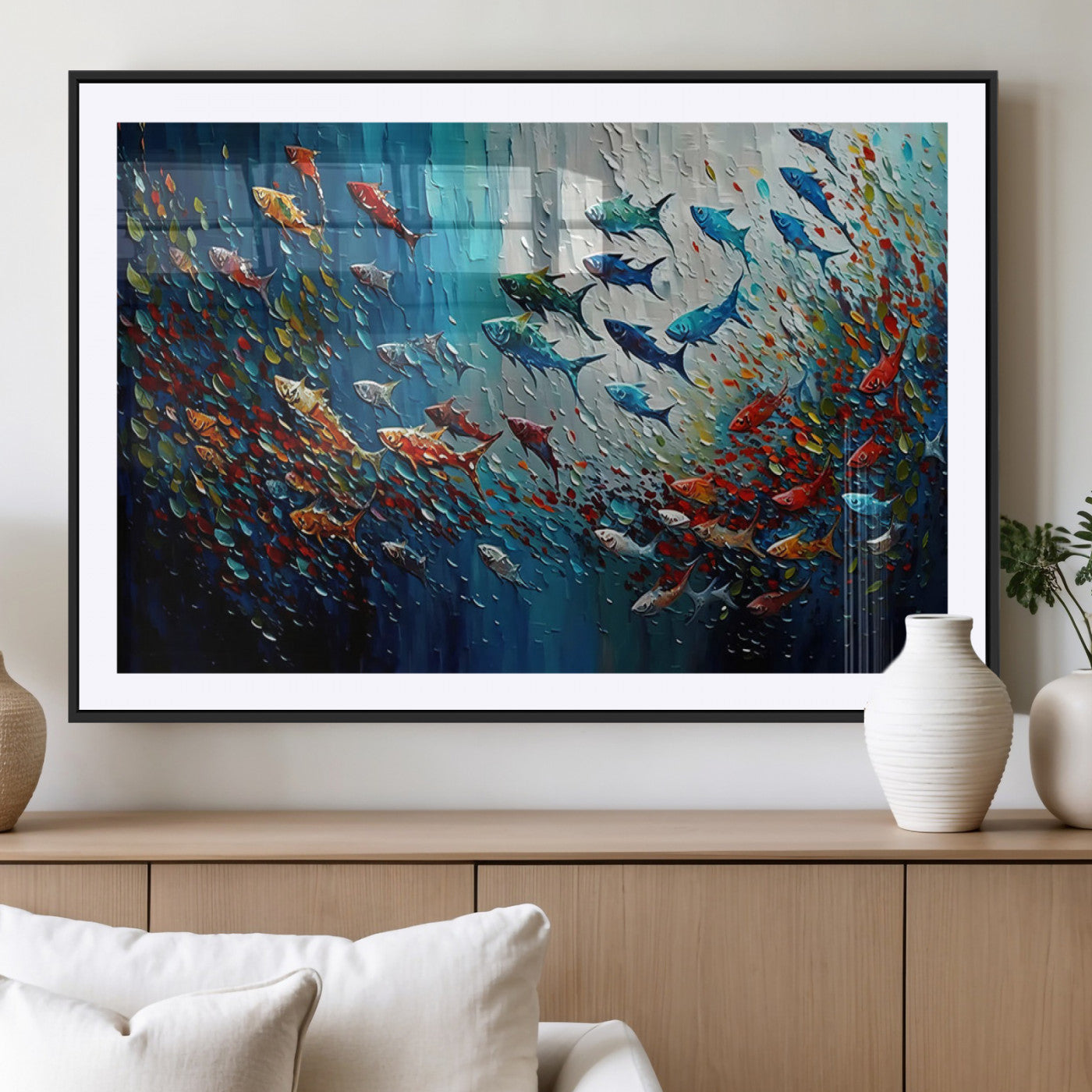 -Modern Abstract Fish Shoal Wall Art Canvas Print, Colorful Fish Herd Painting on Canvas Print, Ocean