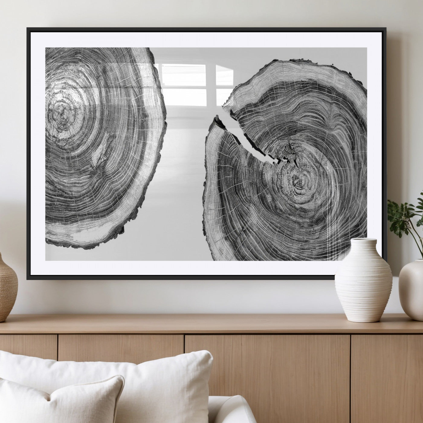 MGC-FP-36x24 - Modern Black and White Tree Rings Canvas Wall Art – Nature Inspired Wood Slice Print – Minimalist