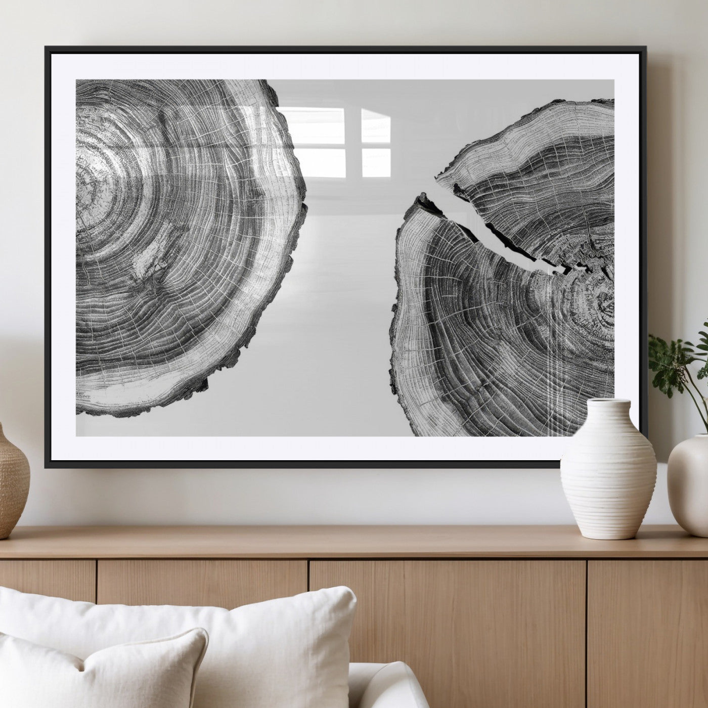 MGC-FP-36x24 - Abstract Large Tree Rings – Minimalist Black and White Wood Art | Triptych Canvas, Modern Wall Decor
