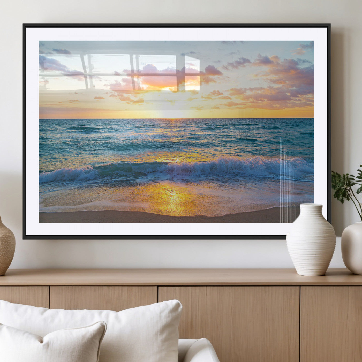 MGC-FP-36x24 - Golden Sunset Over Ocean Waves - Serene Coastal Triptych Wall Art for Relaxing Home Decor, Ready to