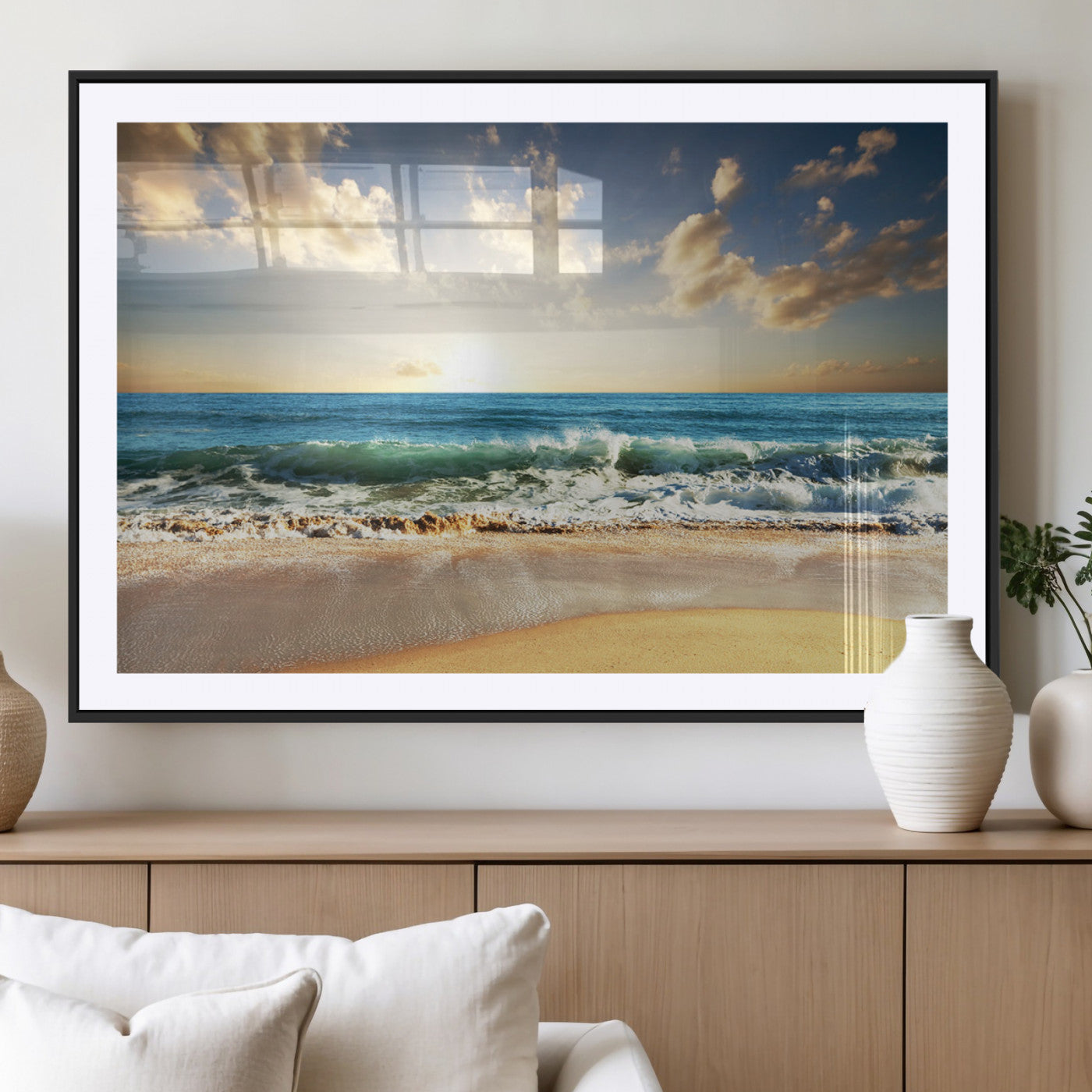 83376-MGV-CV-36X24-Golden Sunset Beach Triptych Canvas Wall Art for Living Room – 3-Panel Ocean View, Framed & Ready to