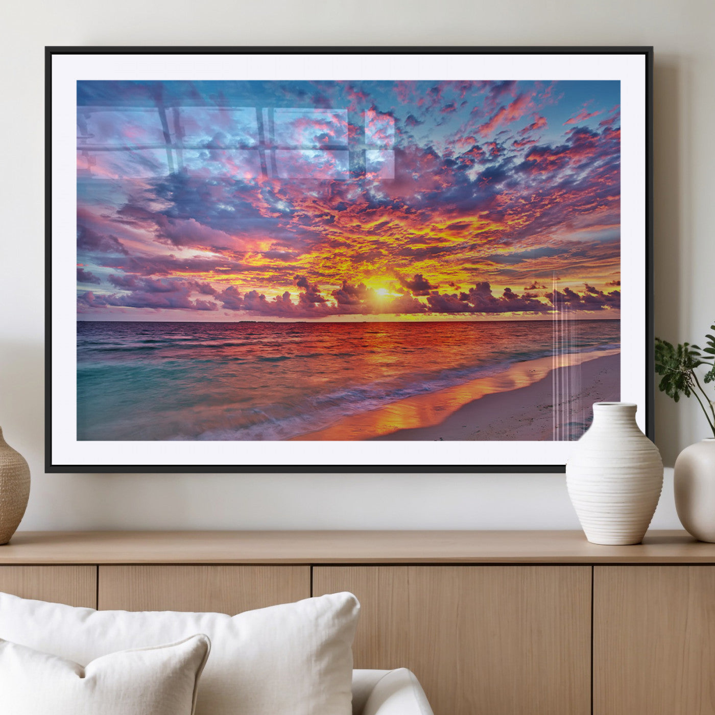 MGC-FP-36x24 - Vibrant Sunset Beach Wall Art - Ocean Sunset Canvas Print | Coastal Wall Art Decor Stunning Sunset