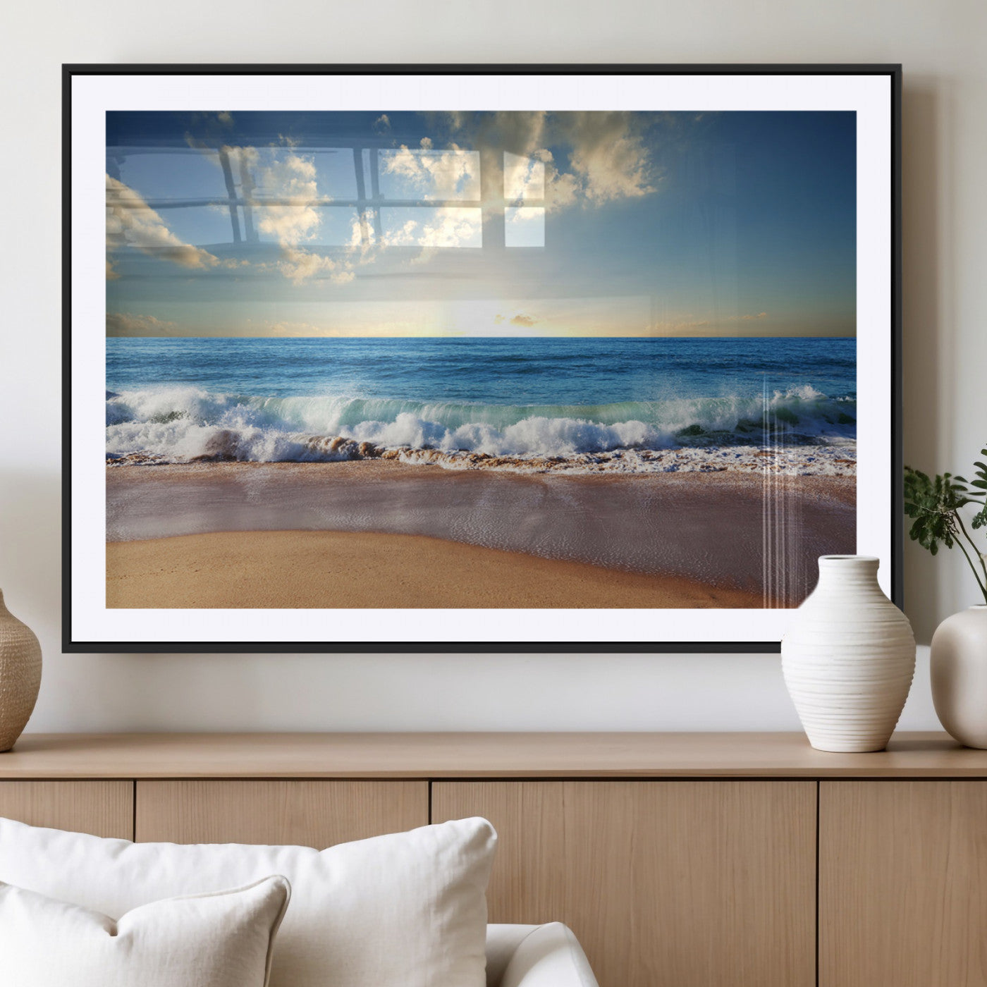 MGC-FP-36x24 - Serene Ocean Sunset Canvas Wall Art - Beach Waves at Sunset, Ready to Hang