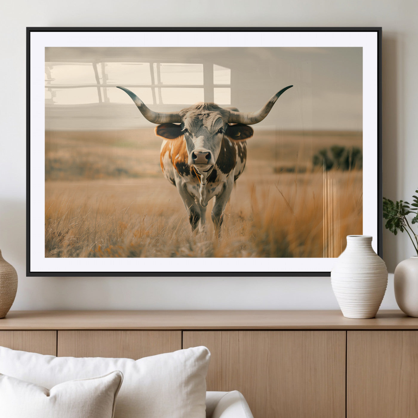 MGC-FP-36x24 - Texas Cow Longhorn Wall Art Canvas Print for Farm House Wall Decor, Farmhouse Cow Print Canvas Wall
