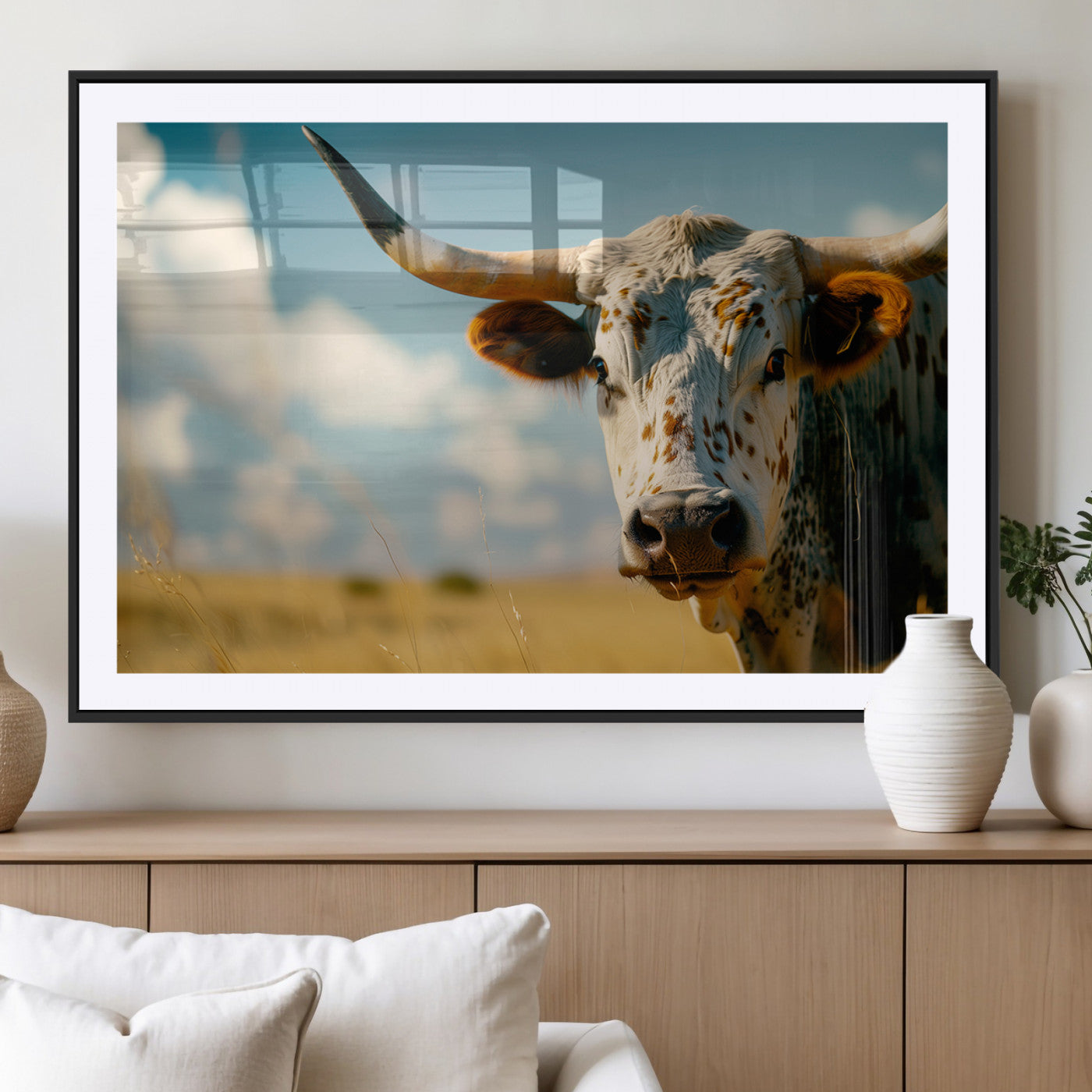 MGC-FP-36x24 - Longhorn in the Prairie - Stunning Ranch-Style Triptych Wall Art for Western Home Decor, Cowboy Wall