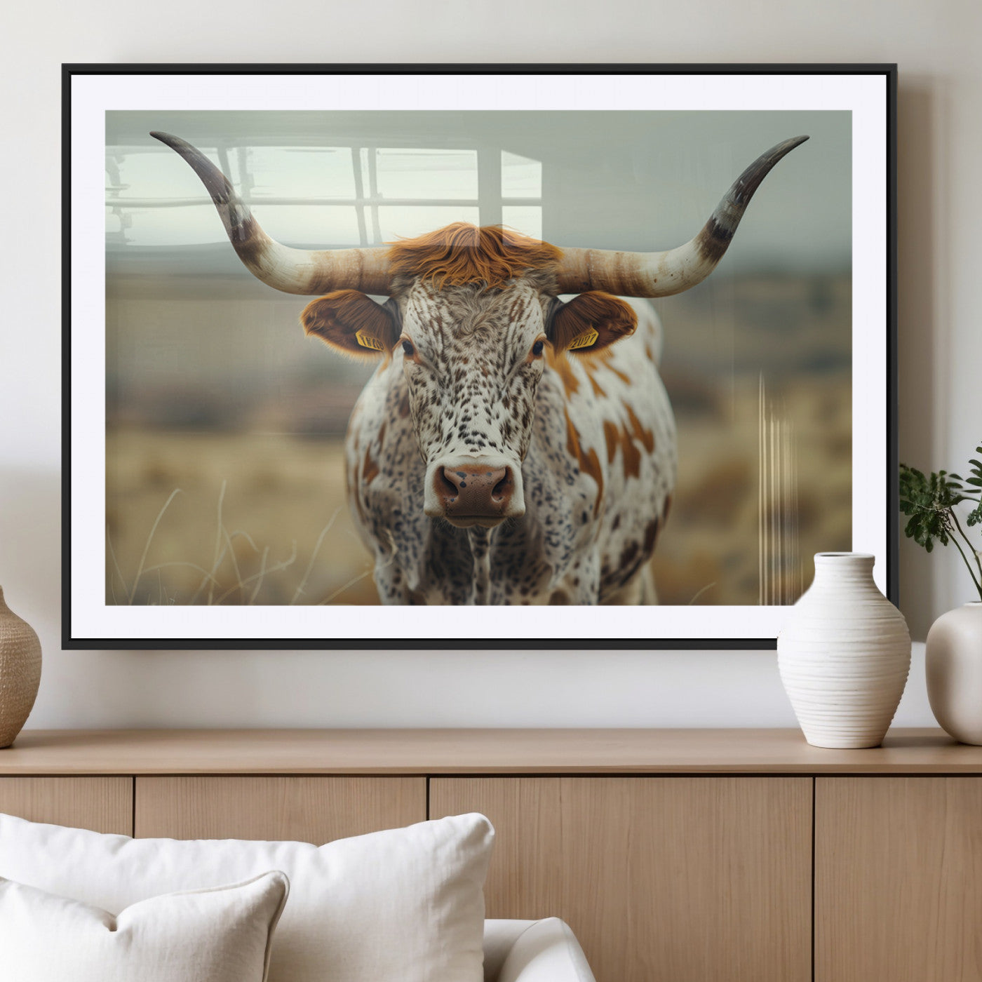 MGC-FP-36x24 - Texas Cow Longhorn Wall Art Canvas Print for Farm House Wall Decor, Farmhouse Wall Art Print