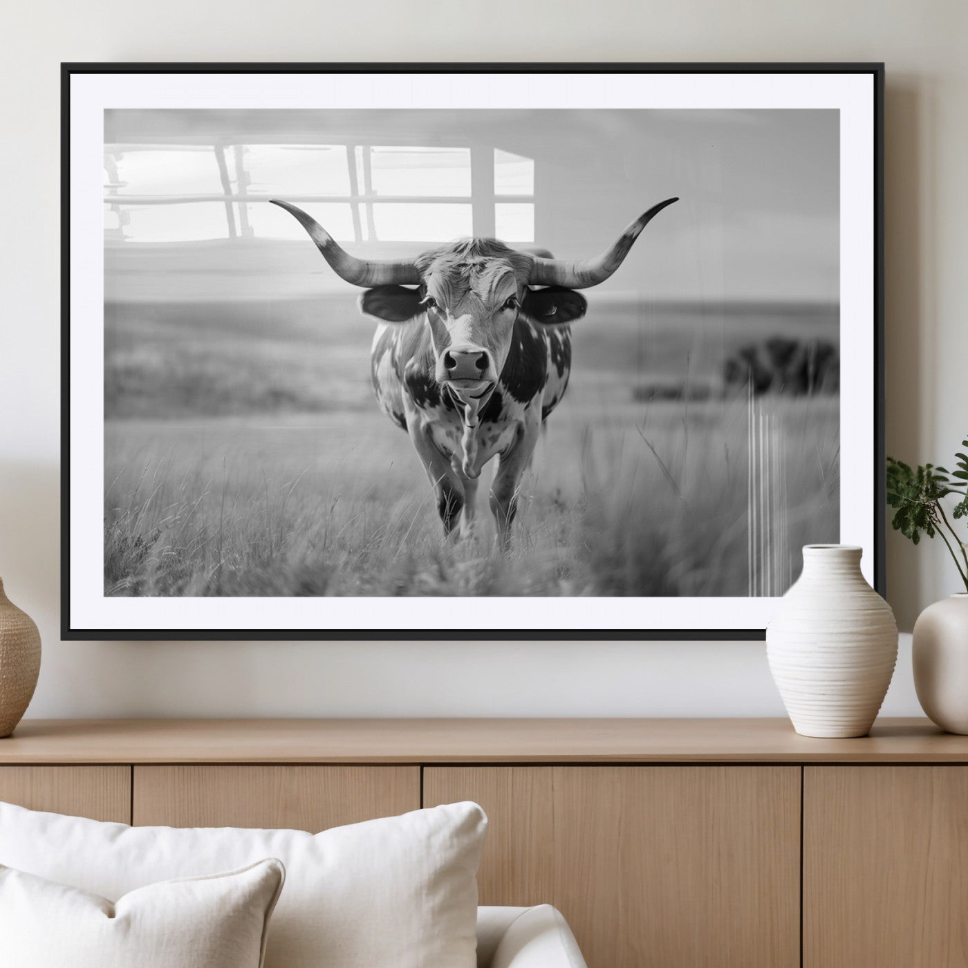 MGC-FP-36x24 - Texas Cow Longhorn Wall Art Canvas Print for Farm House Wall Decor, Farmhouse Wall Art Print