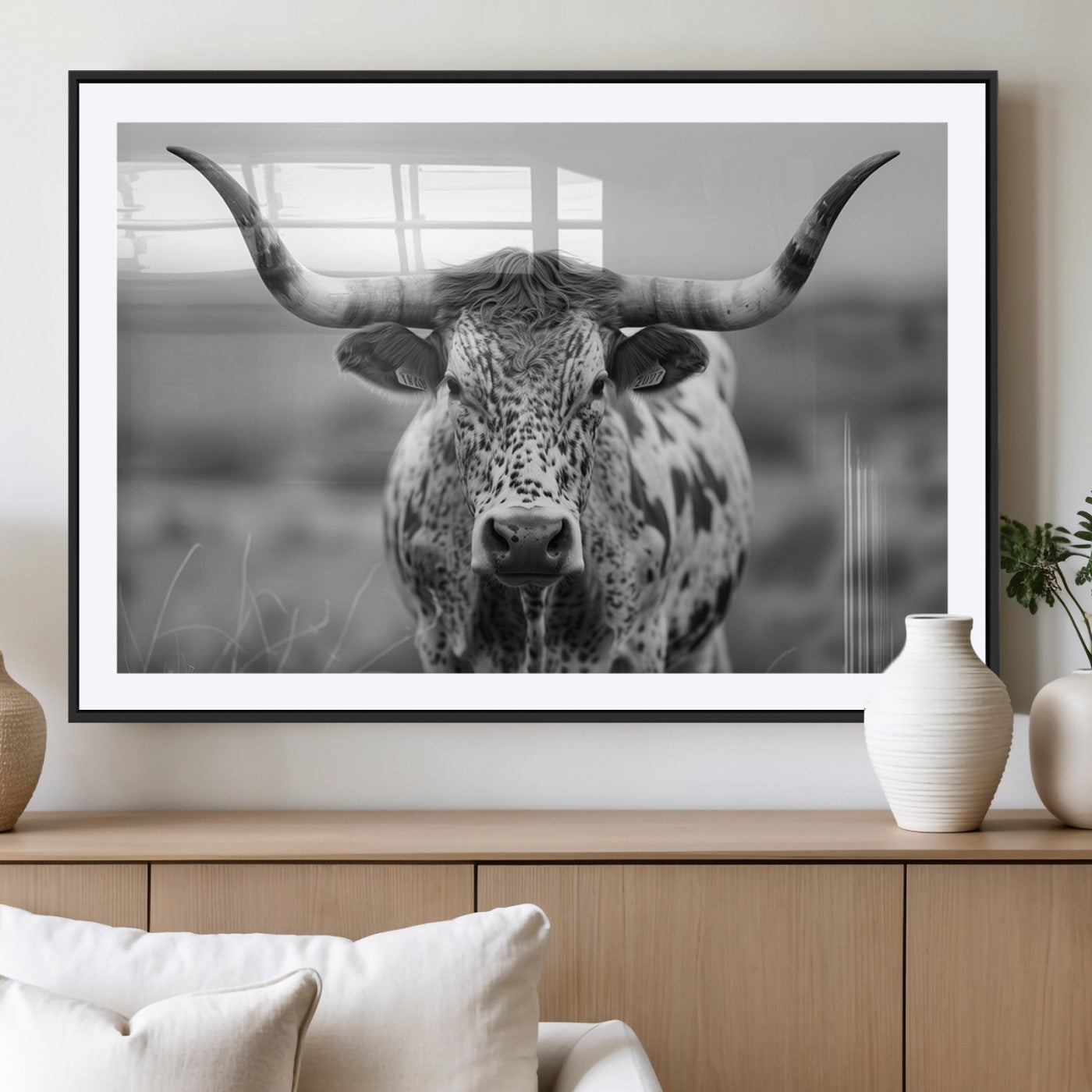 MGC-FP-36x24 - Texas Cow Longhorn Wall Art Canvas Print for Farm House Wall Decor, Farmhouse Wall Art Print