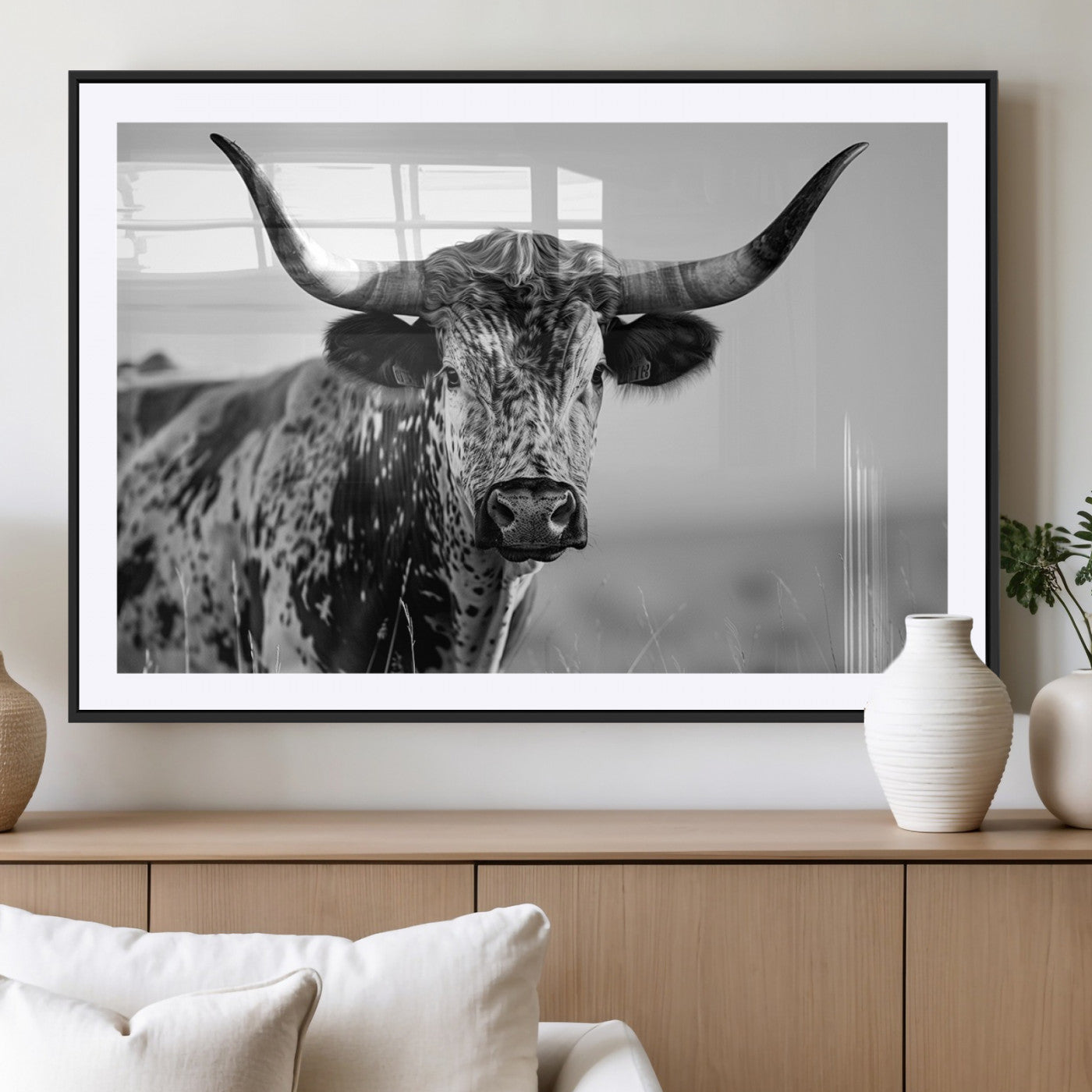 MGC-FP-36x24 - Texas Highland Cow Longhorn Canvas Print - Rustic Farmhouse Wall Art - Large Texas Longhorn