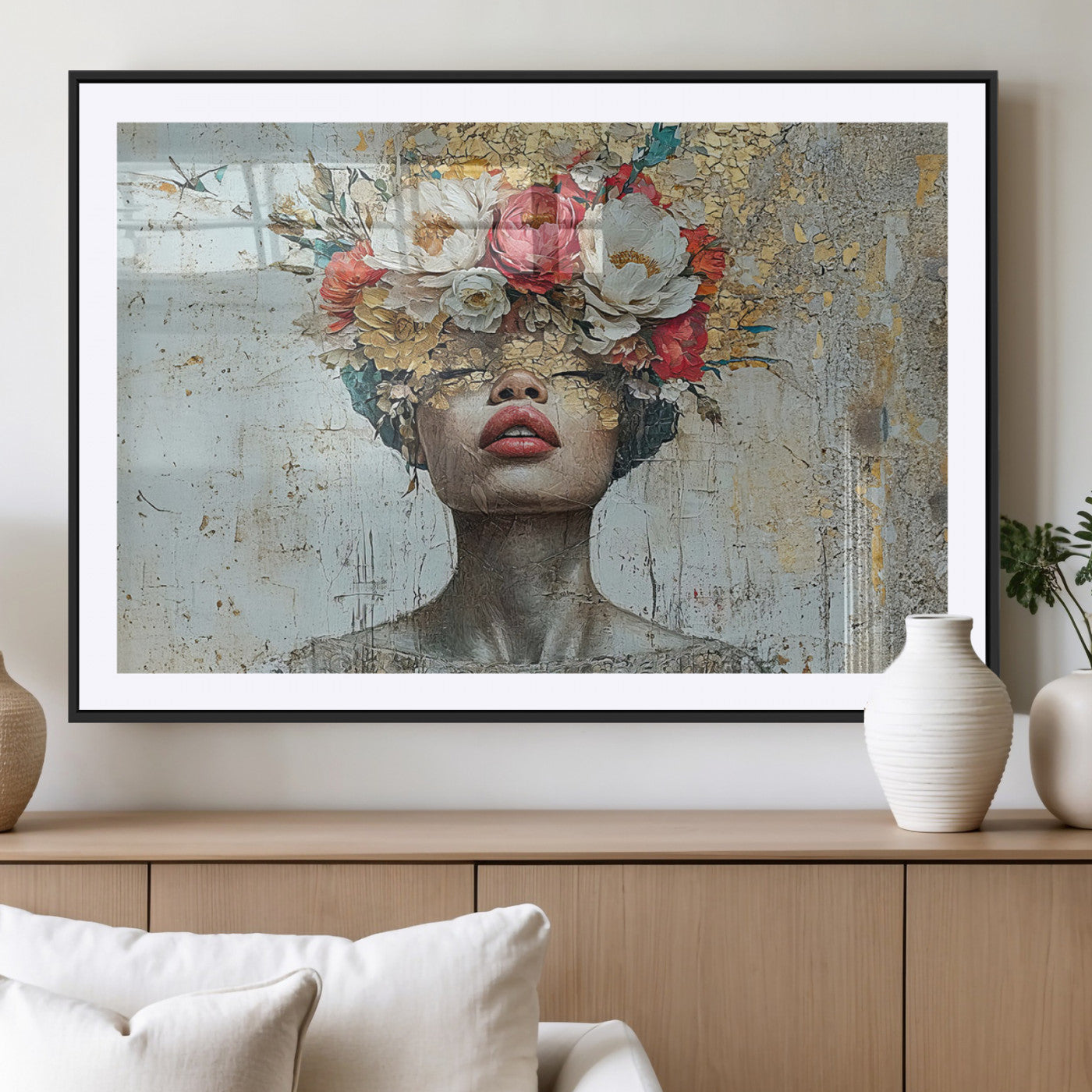 MGC-FP-36x24 - Golden Petal Wall Art Canvas Print - Silhouette Woman Wall Art Canvas Print, Floral Woman Portrait