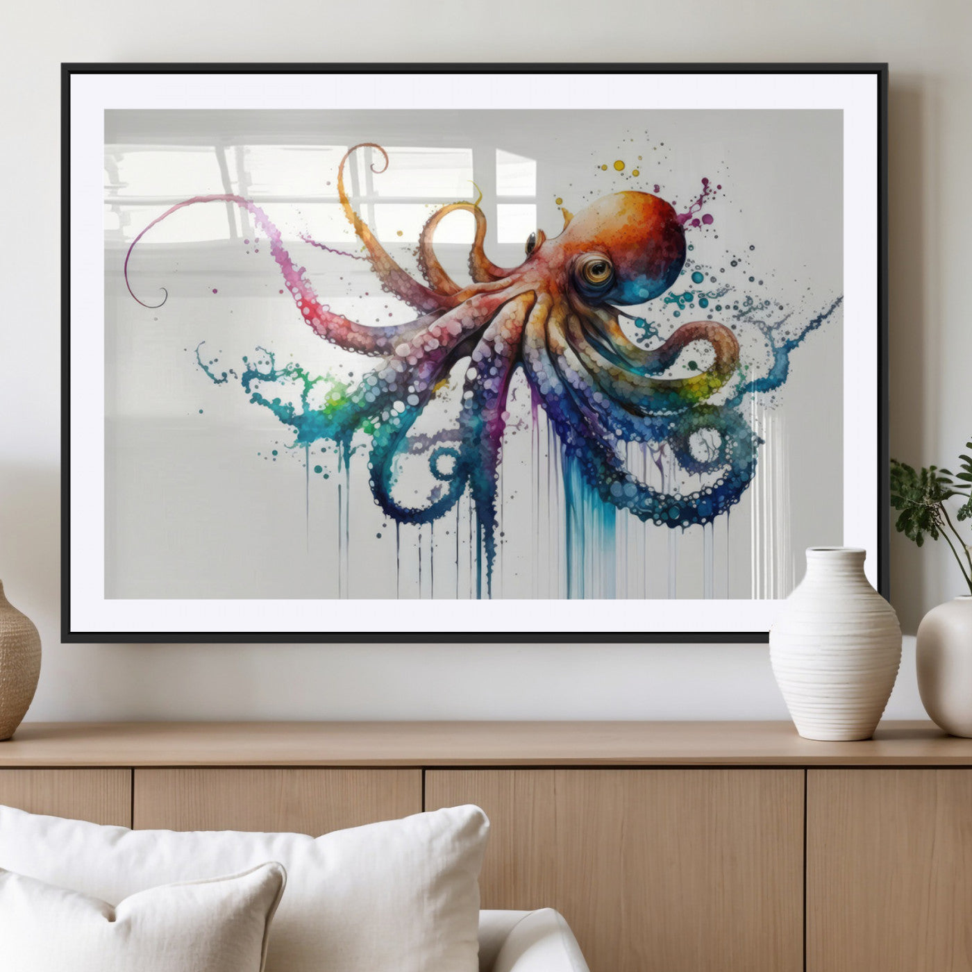 MGC-FP-36x24 - Watercolor Vibrant Octopus Wall Art Canvas Print | Abstract Sea Life Art | Colorful Marine Creature