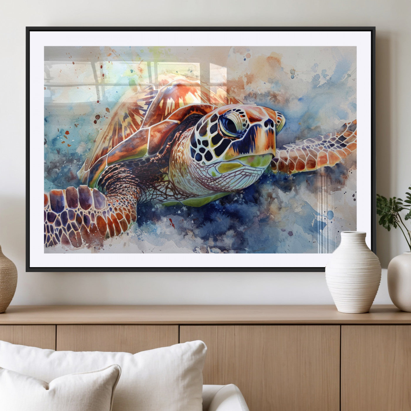 MGC-FP-36x24 - Watercolor Sea Turtle Wall Art Canvas Print - Vibrant Ocean Colors in Watercolor Style - Ready to