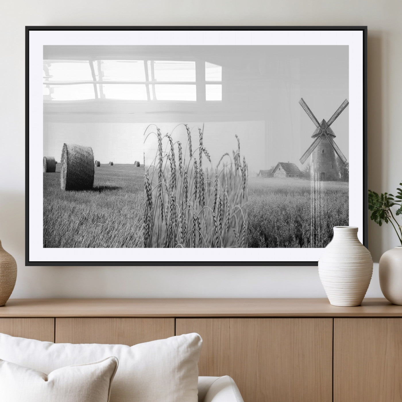 MGC-FP-36x24 - Vintage Farmhouse Black and White Triptych Wall Art – Giclee Canvas Featuring Wheat Fields, Hay
