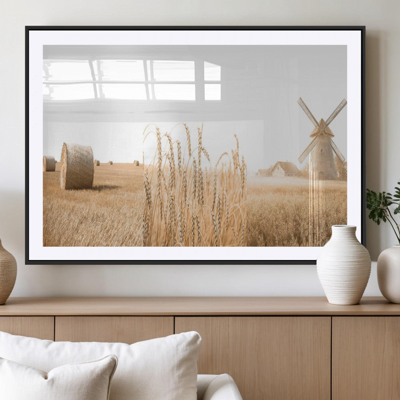 MGC-FP-36x24 - Vintage Farmhouse Triptych Wall Art – Giclée Canvas Featuring Wheat Fields, Hay Bales, and a