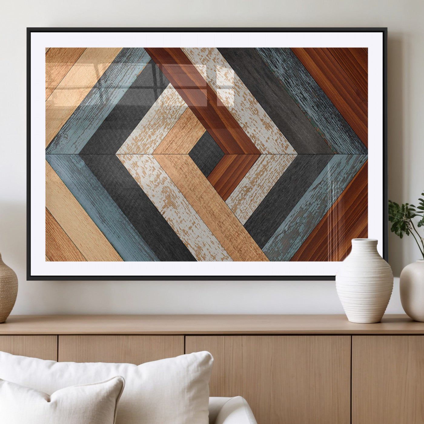 MGC-FP-36x24 - Geometric Wood Art Wall Decor Canvas Print, Rustic Wooden Pattern Triptych Wall Art for Living Room