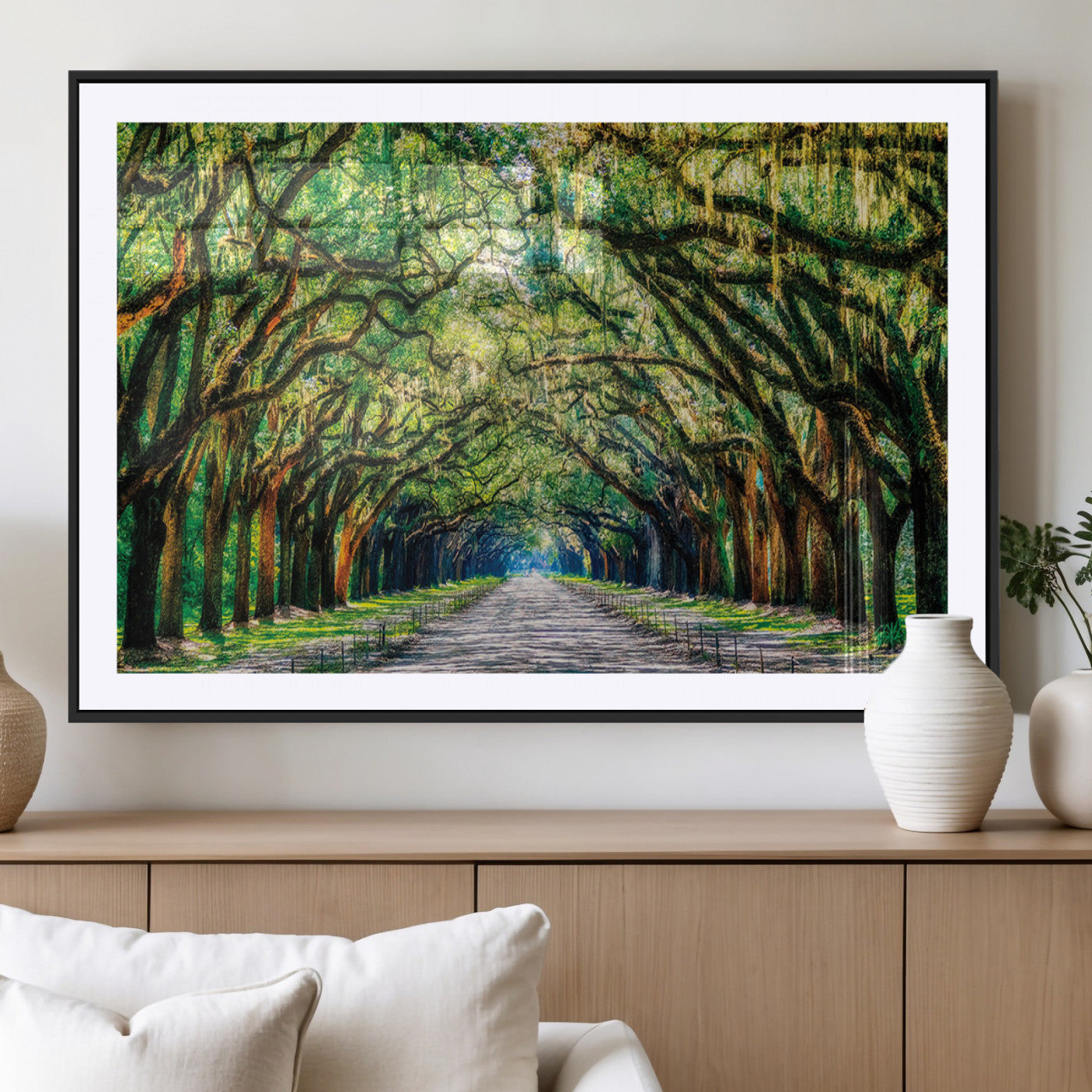 MGC-FP-36x24 - Serene Tree Tunnel Wall Art Canvas Print – Pathway Under Canopy of Lush Green Trees, Nature-Inspired