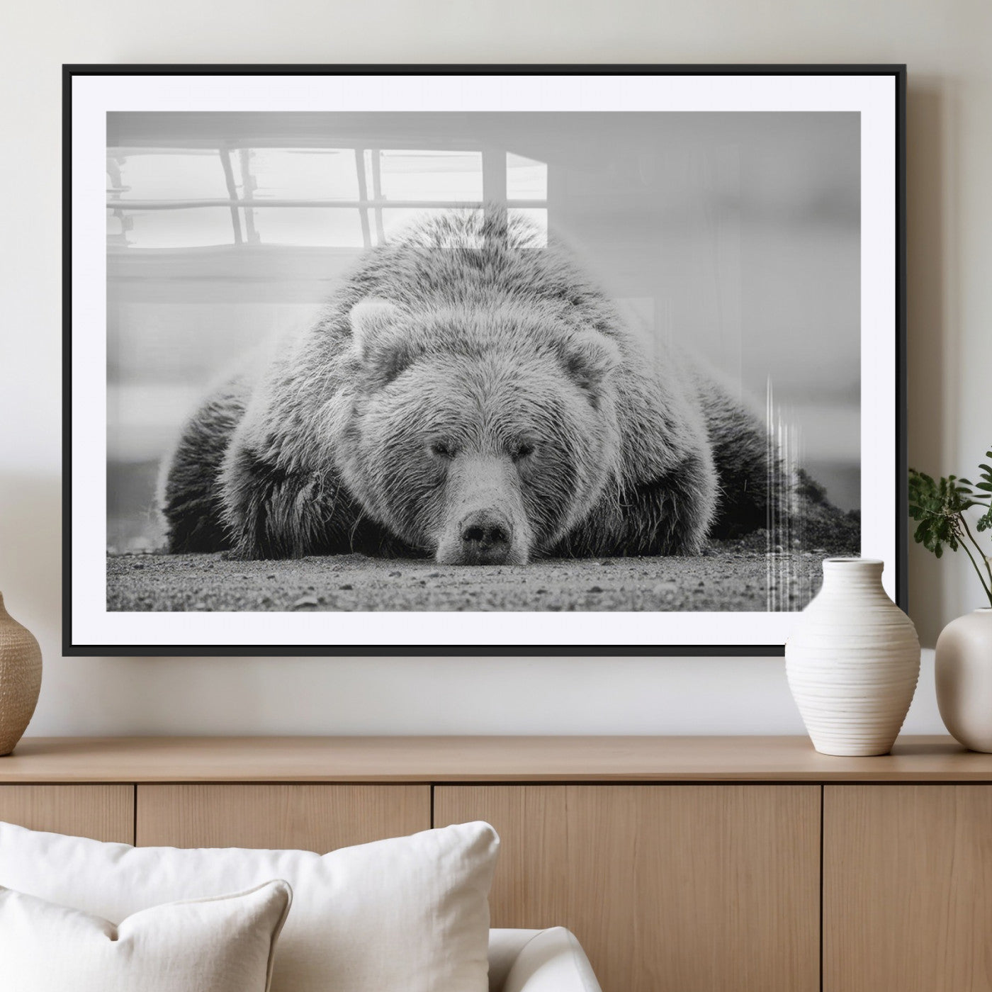 MGC-FP-36x24 - Resting Grizzly Bear Wall Art Canvas Print – Majestic Lazy Black and White Wildlife Bear Art,